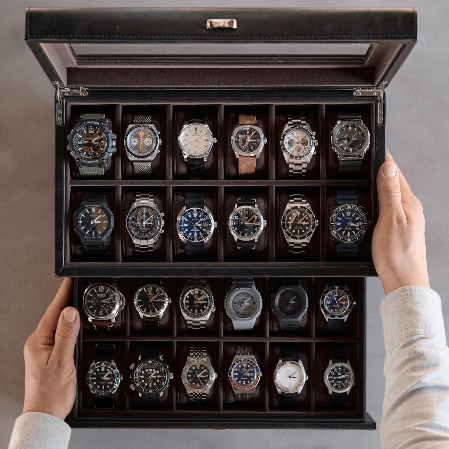 TAWBURY Watch Box for Men - Extra Large 24 Slot Watch Case with Real Glass Display, Removable Drawer and 2-inch Wide Pillows for Large Watches (Black/Charcoal)