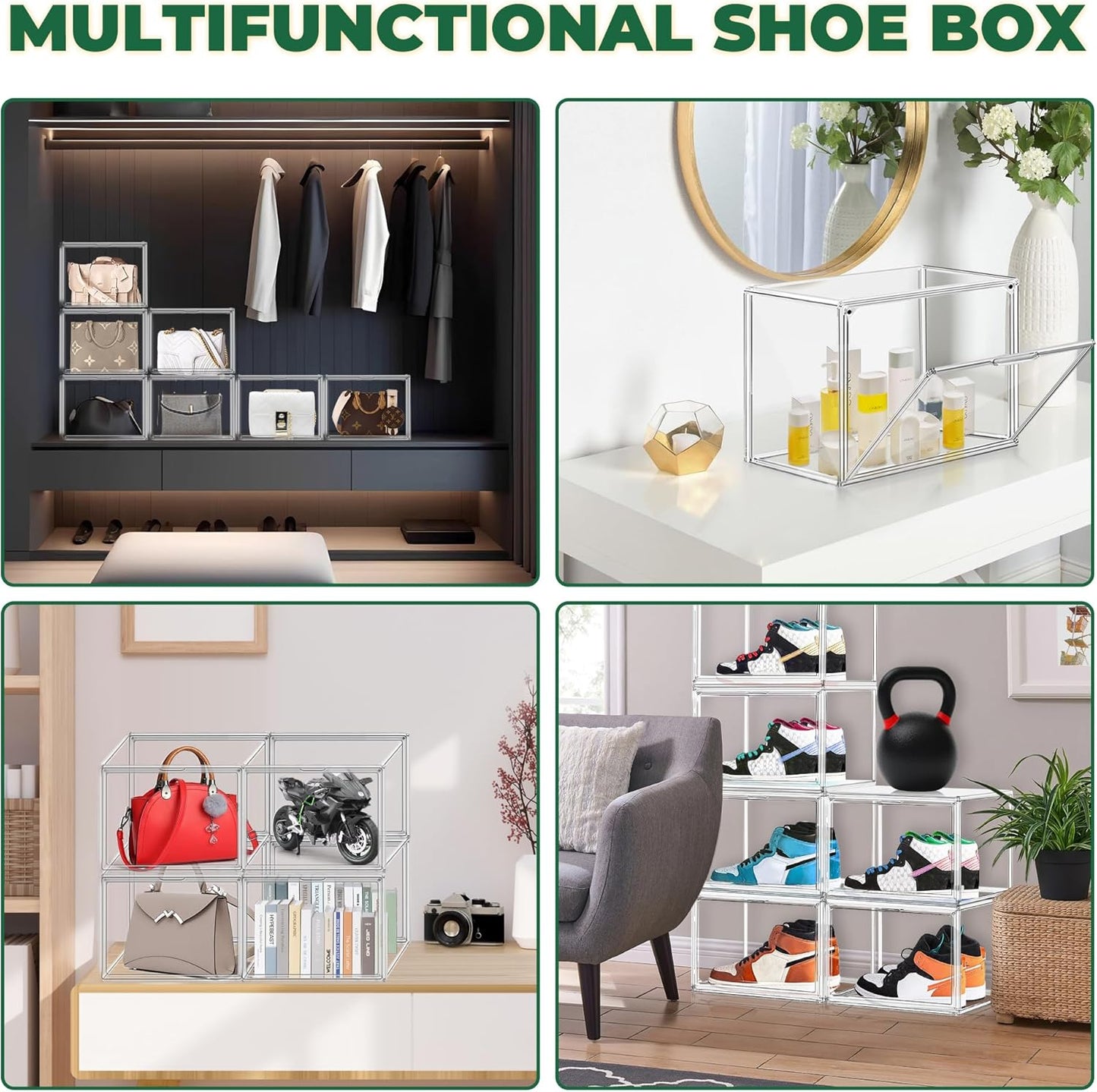 12 Pack X-Large Acrylic Display Case, Size 14 Clear Shoe Box Stackable Sneaker Display Case with Magnetic Lid Multipurpose Storage Bin for Closet for Purses, Handbags, Cosmetics, Collectibles
