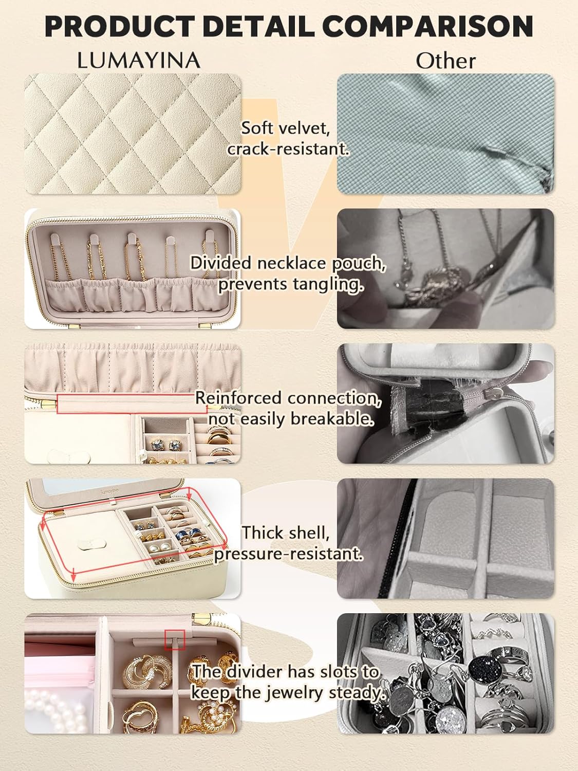 Velvet Travel Jewelry Box with Large Mirror, Double-Layer Jewelry Organizer Case for Women and Girls, Portable Storage Case with 6 Anti-Tarnish Bags Gift Ready for Her (Beige)