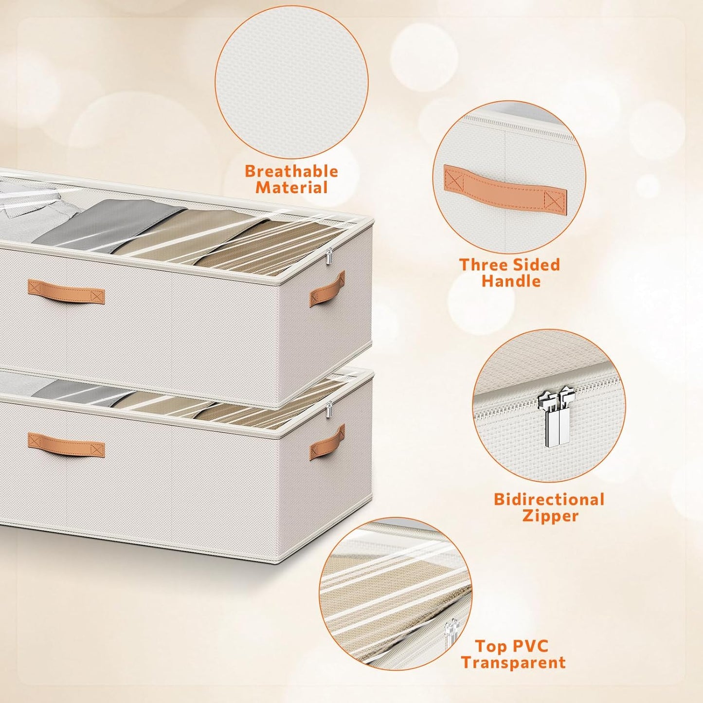 10 Inch 2 Pack Under Bed Storage Containers, 10 Inch Tall Underbed Clothes Storage Organizer Bin with Clear Window,Foldable Box Basket for Clothes, Closet, Bed Sheets and Blankets White