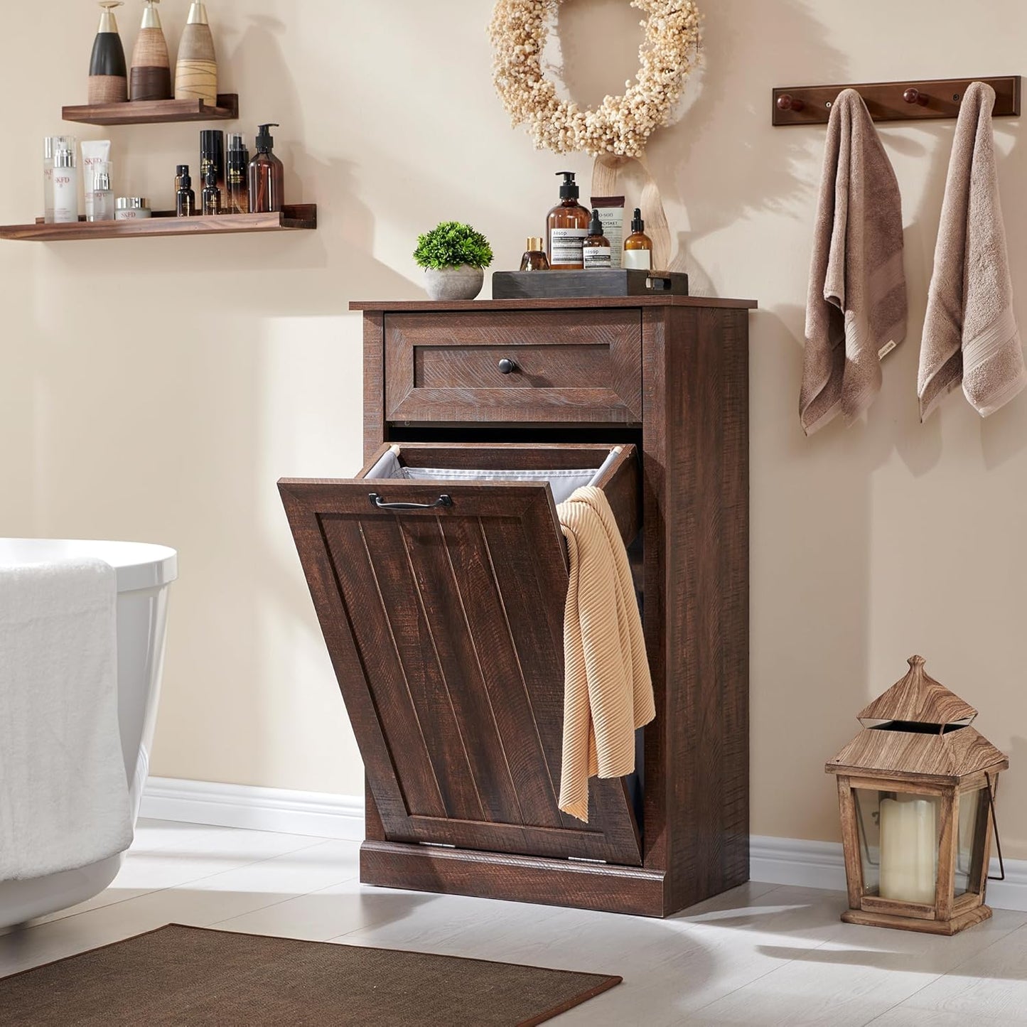 Tilt Out Trash Can Cabinet, 10 Gallon Farmhouse Laundry Hamper Cabinet with Drawer, Hidden Wooden Trash Garbage Can Bin with Storage Basket for Kitchen, Living Room (Brown)