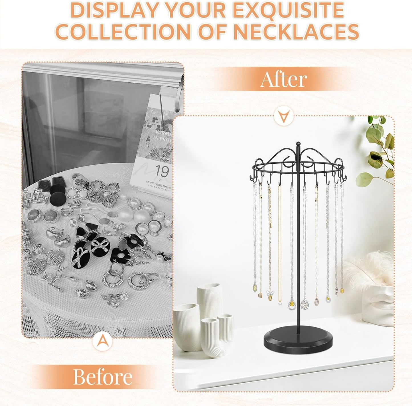 iDavosic.ly Rotating Necklace Holder Organizer with 24 Hooks, Adjustable Metal Bracelet Display Stand Rack, Extra Tall Keychain Spinning Tree Tower for Women, Black