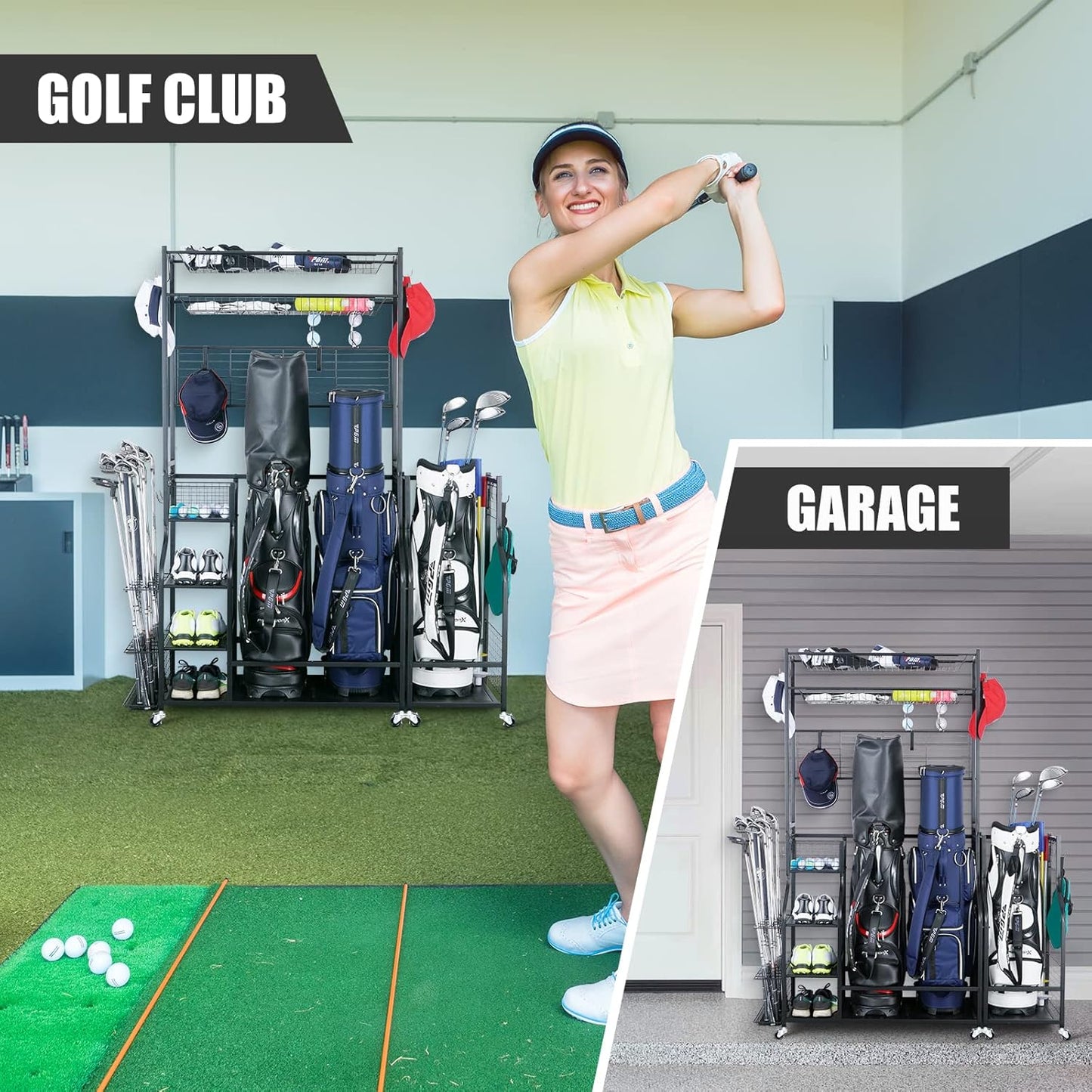 Mythinglogic Golf Bag Storage Garage Organizer,2 Golf Bags Storage Stand and Golfing Equipment Accessories Storage Rack with 4 Removable Hooks, Extra Golf Clubs Display Rack