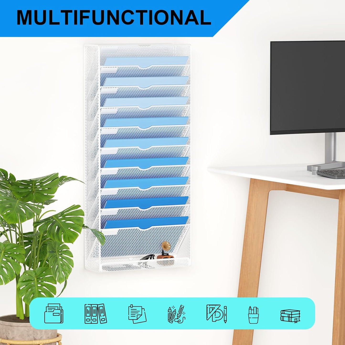 Hanging Wall File Organizer 10 Tier Wall Mounted File Holder Document Wall Organizer Magazine Organization for Office Home, White