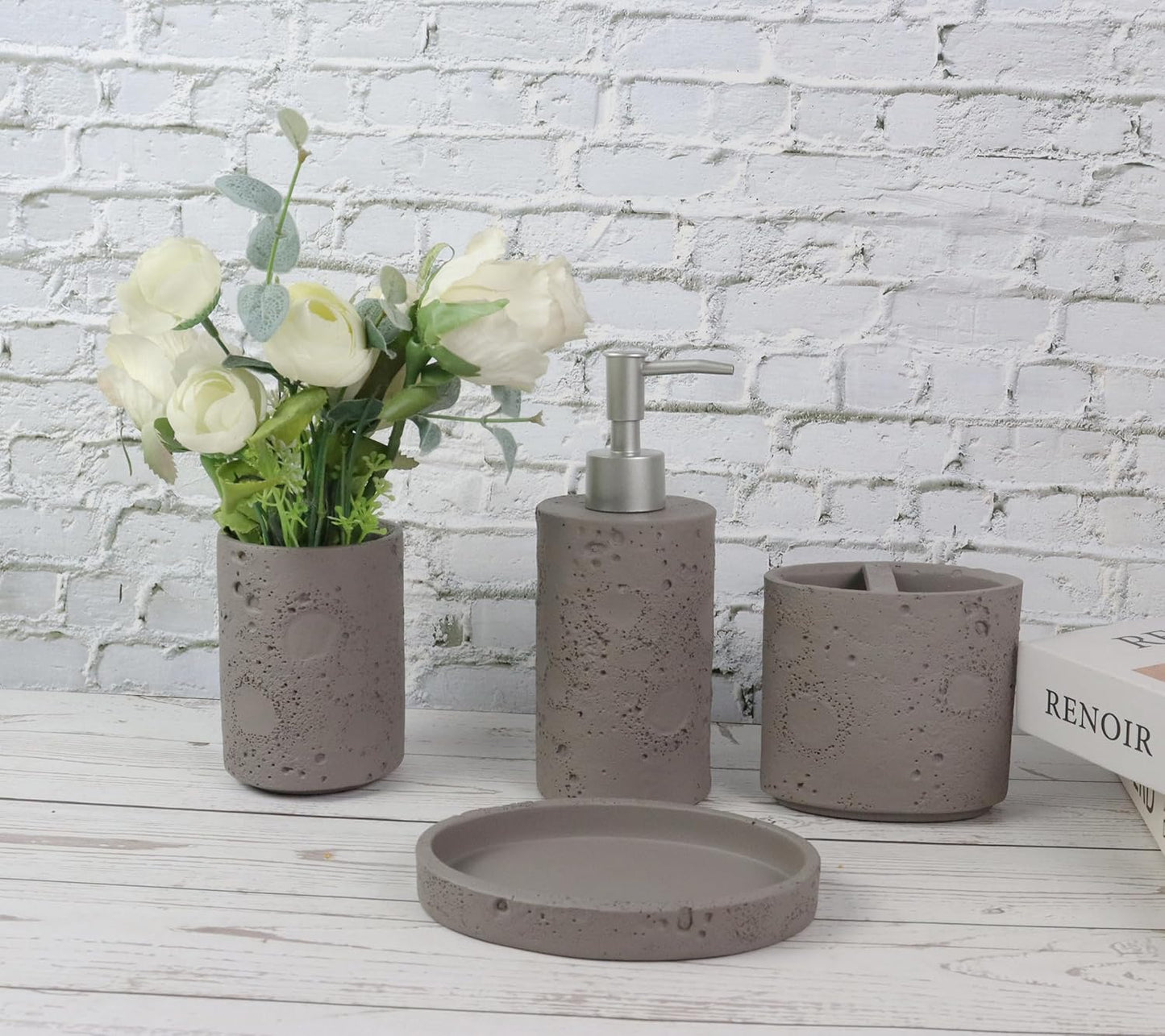 Hymmah Meteorites Bathroom Accessories Set,Farmhouse Bathroom Decor,4 Pcs Resin Gift Set Apartment Necessities, Contain Cotton Swab Jar,Soap Dispenser,Tumbler,Soap Dish/Tray