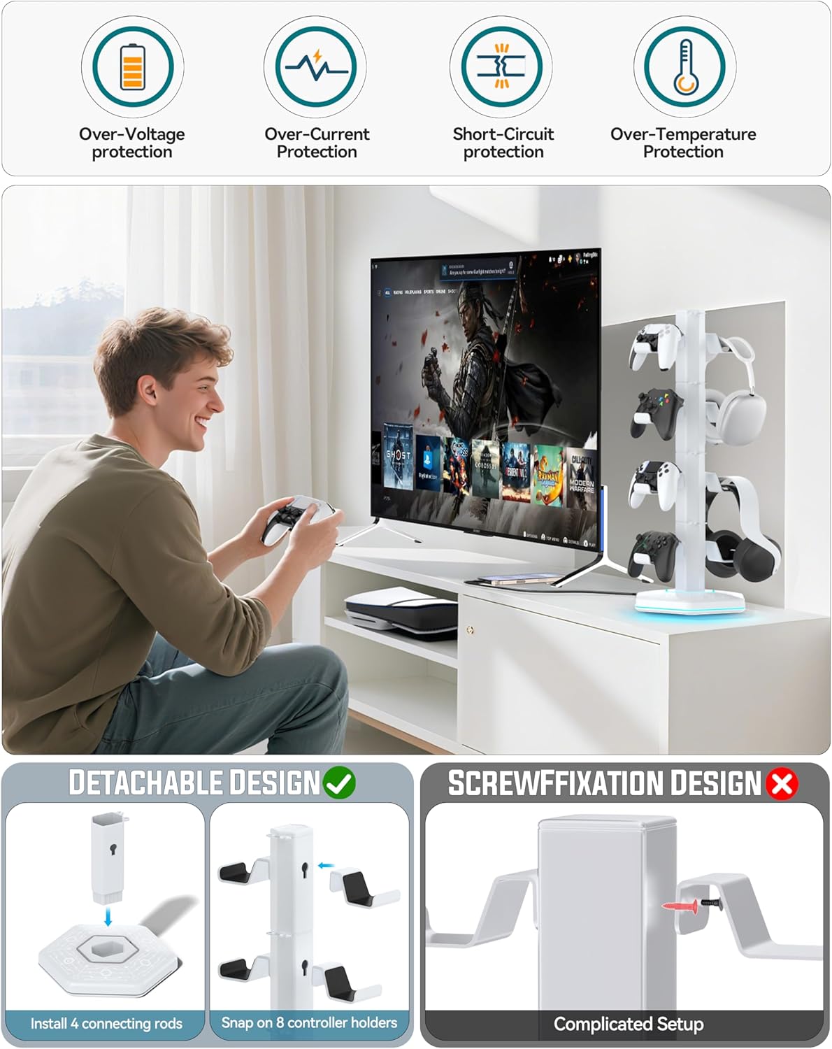 Kytok RGB Controller Holder for PS5/PS4/Xbox/Switch, Headphone Stand with 2 USB Charging Ports and Type-C and Headphone Jack, Headset Holder with Cable Organizer, Controller Stand for Desk, 4 Tiers