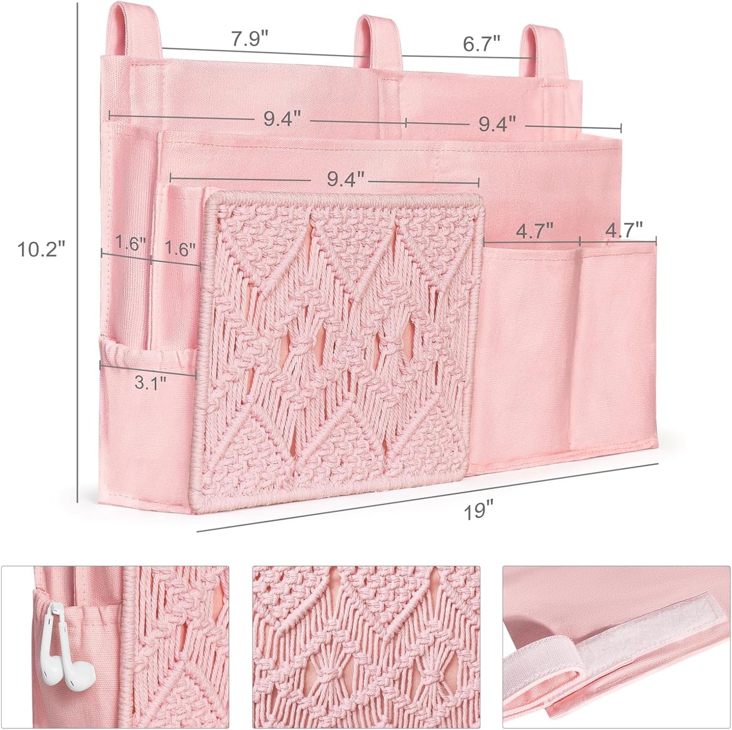 Mkono Bedside Caddy Hanging Organizer, Bunk Woven 7 Pockets Bed Storage Bag Boho Remote Magazine Books Holder with Macrame for Loft Bed College Dorm Bedroom Baby Bed Rails, Pink