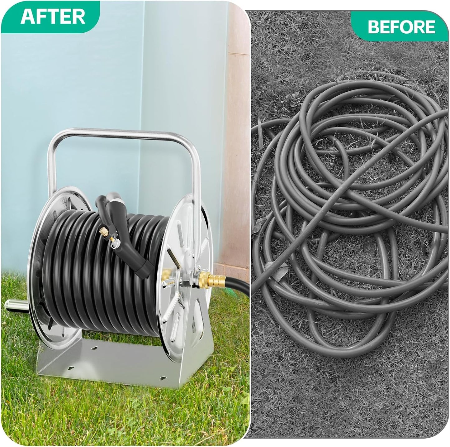 SPECILITE Stainless Steel Garden Hose Reel, Portable Outdoor Metal Wall Mount/Floor Spool, Holds 5/8 Inch 75ft Capacity, with 6ft Leader Water Pipe, UV Resistant Yard, Patio