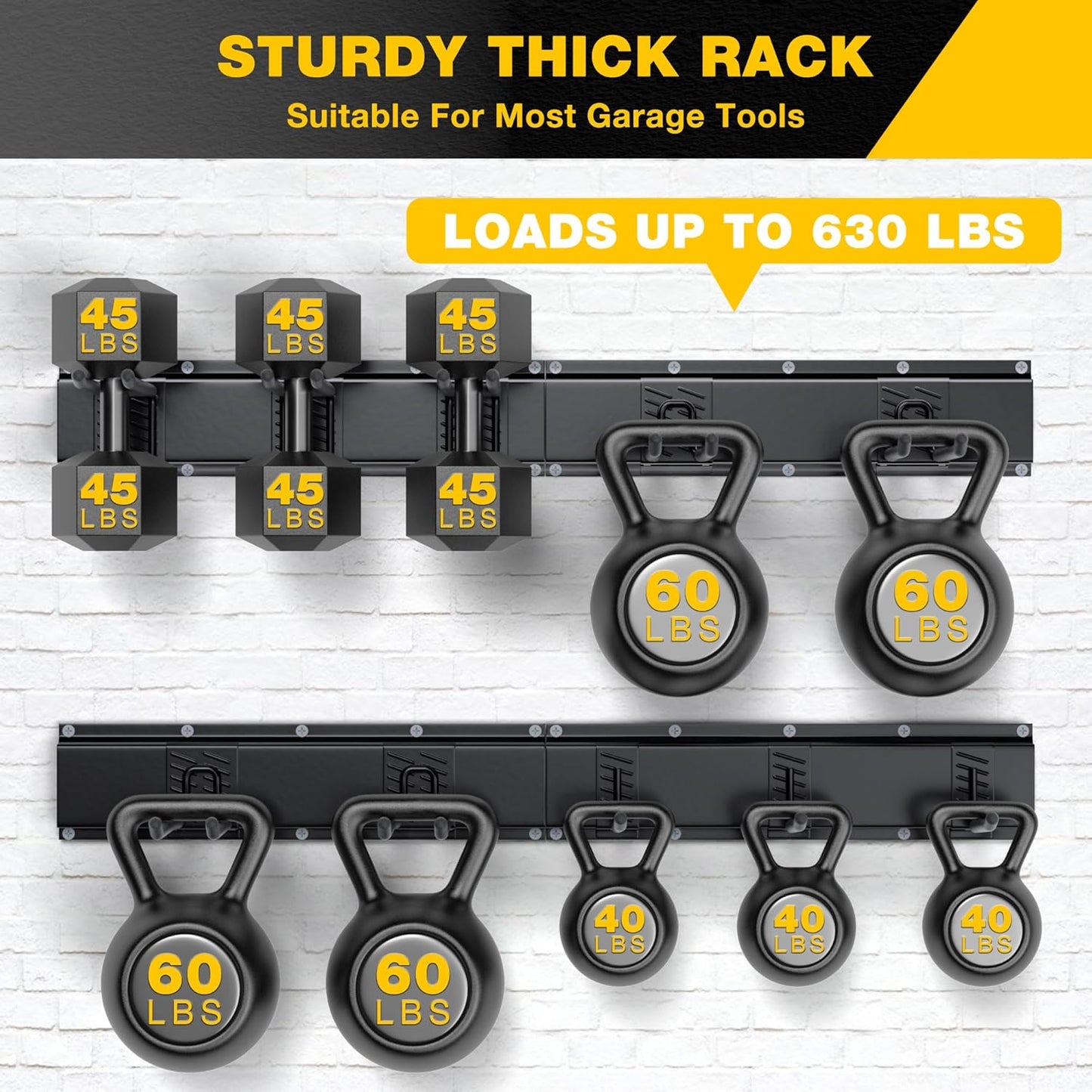 Garage Tool Organizer Wall Mount with 64 inches Rails and 10 Adjustable Heavy-Duty Hooks, Garden Tool Organizer, 14 Pack Carries 630 lbs, Heavy Duty Garage Storage Rack For Yard, Shed, Easy to install