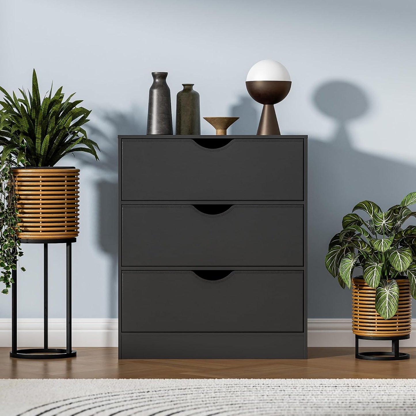 3 Drawers Dresser (Set of 2) for Bedroom, Fabric PU 6 Drawer with Wood Frame, Black Dresser with Large Organizer, Chest of Drawers for Closet, Living Room, Hallway, Black