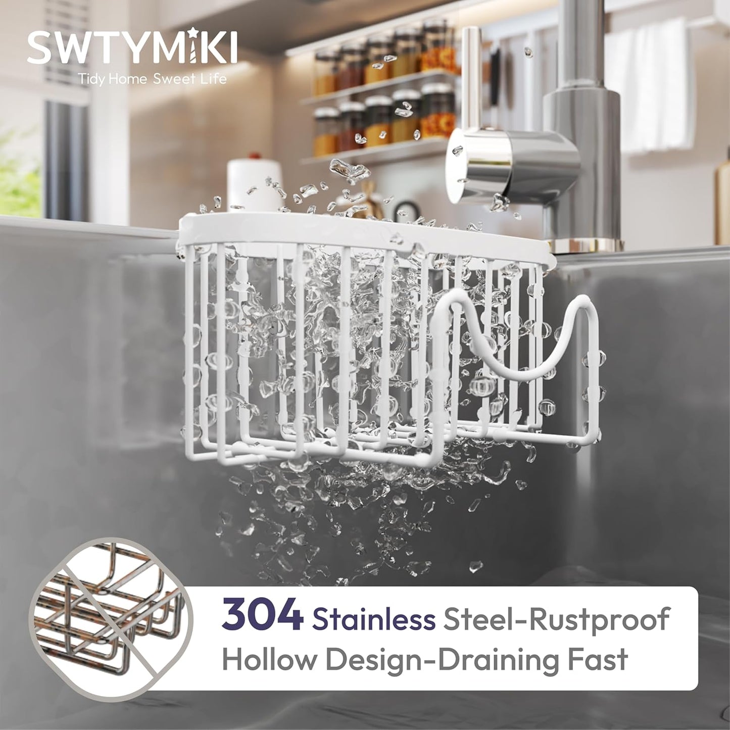 SWTYMIKI Sponge Holder for Kitchen Sink - Movable Kitchen Sink Caddy with M Shape Hook, Stainless Steel Hanging Sponge Caddy for Dish Sponge, Brush, Stopper Organizer in Double Bowl Sink, White