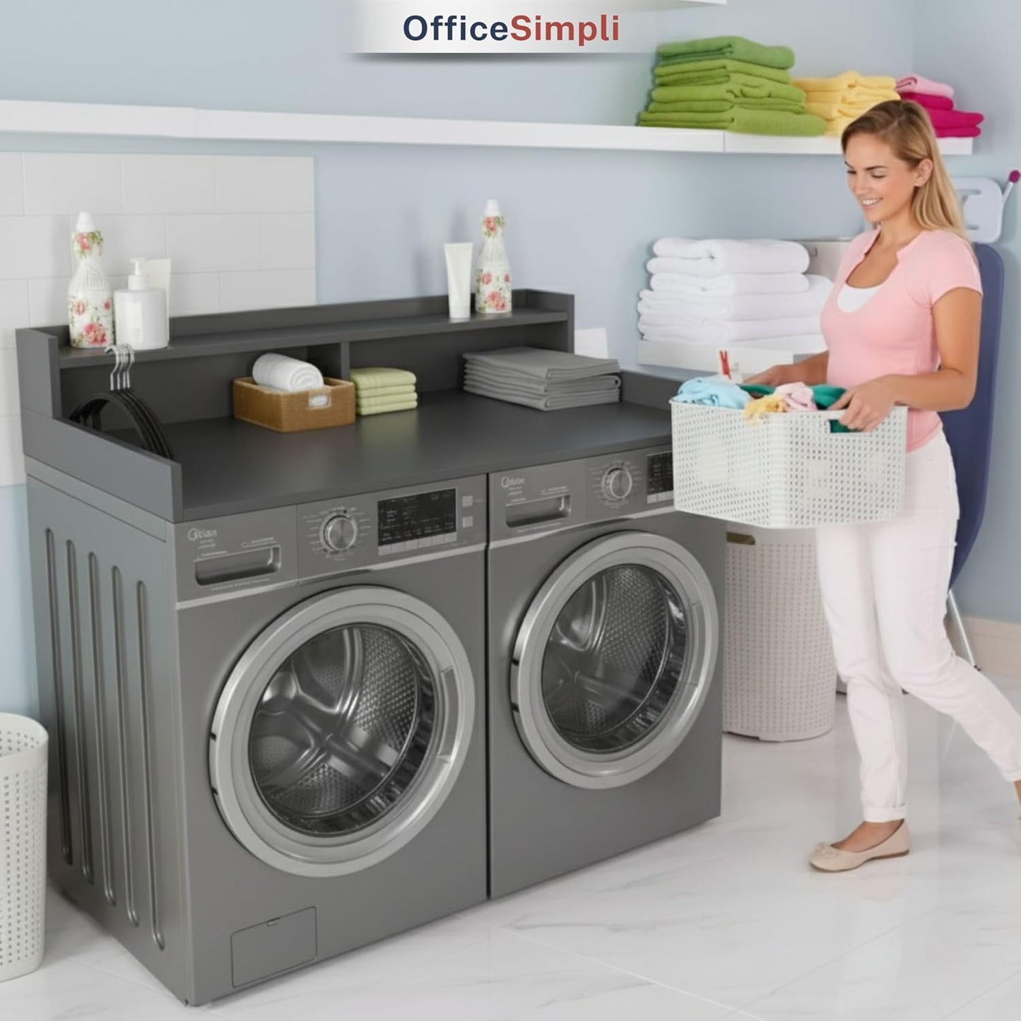 OfficeSimpli Washer Dryer Countertop with Shelf - 27.5 x 54 Inch - Made in USA Laundry Countertop Over Washer and Dryer with Non-Slip Pads, Storage Shelf, Laundry Topper Organizer, Slate Grey