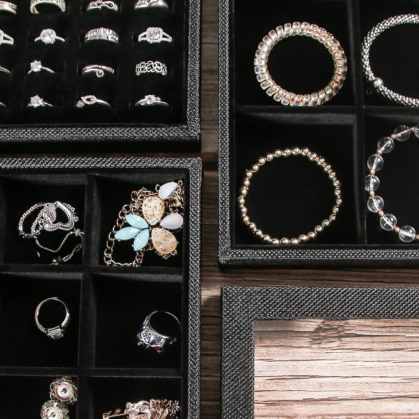 Julysky 4 Pcs/set Stackable Jewelry Organizer Trays with Glass Lid,100 Slots Ring Holder,Bracelet Displays Stand for Selling Necklace Earring Rack