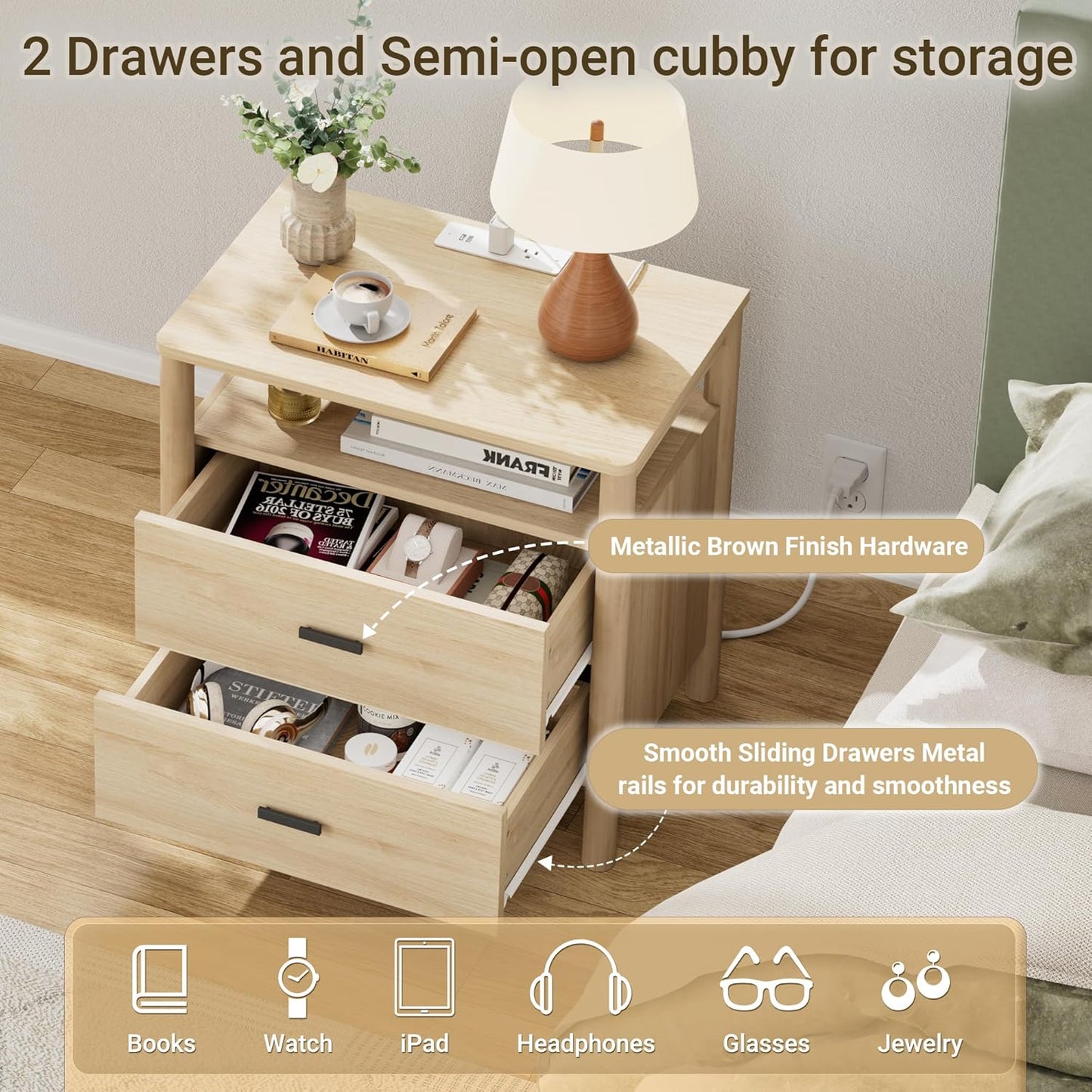 Night Stand Set of 2 with Charging Station, 24" Large Modern Side Table with Solid Round Post Legs, 2 Drawers End Table with Open Shelf, Nightstand for Bedroom, Natural Oak