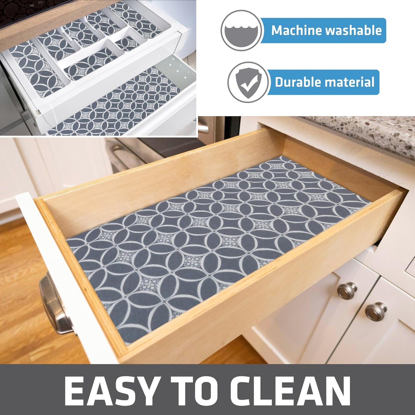 Drymate Premium Luxury Shelf & Drawer Liner, Thick Cushioned Fabric, Non-Adhesive, Absorbent, Waterproof, Slip-Resistant, Liners for Kitchen Cabinets, Cupboards (USA Made)(12”x59”)(2-Pack)(IndigoGrey)