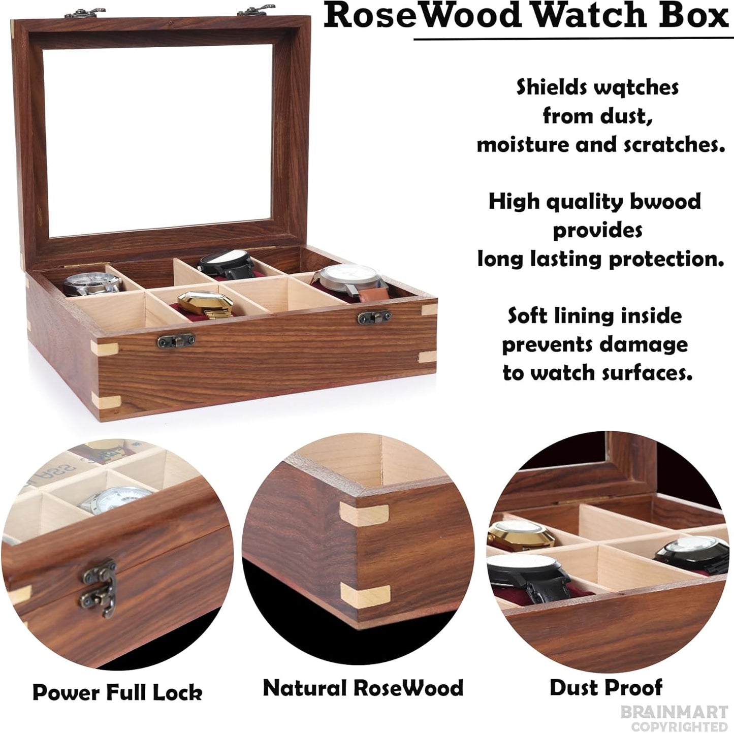 Wooden Watch Box for Men & Women, Watch Organizer & Display Case, Premium Long-Lasting Watch Holder for Storage, Elegant Gift for Watch Collectors (Glass Top, 8 Slots)
