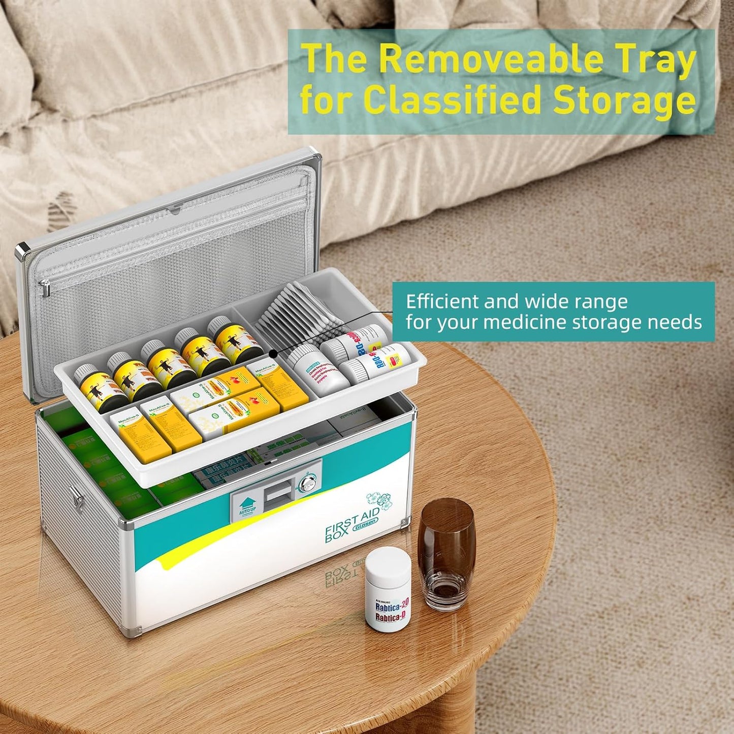 Glosen Medicine Lock Box,locking medicine box, Security Lock Boxes【Large 14x8.5x7.5 Inches with removable storage pocket】 lock box, First Aid Key Safe Box for Medication