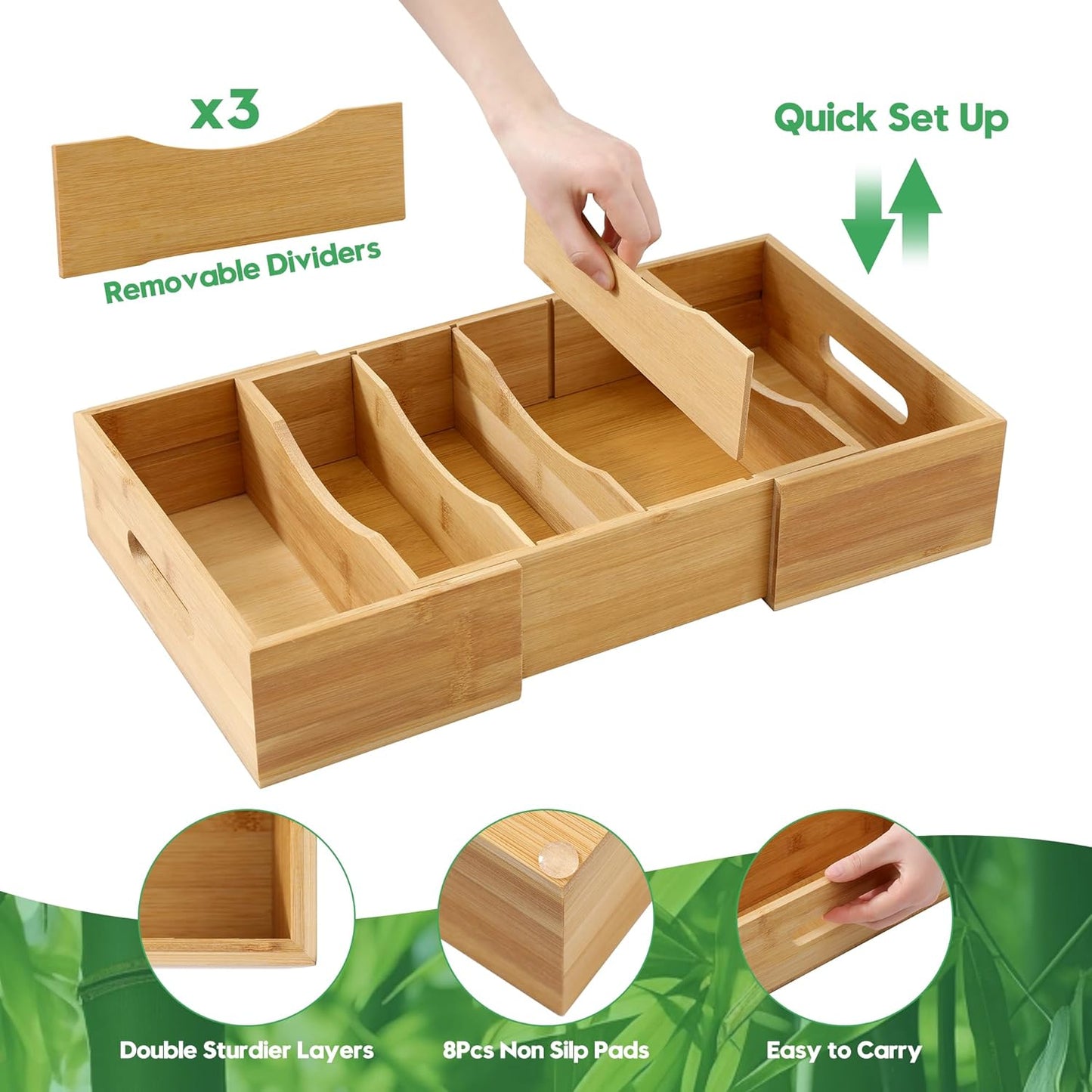 2 Pack Expandable Food Container Lid Organizers, Gift for Christmas Bamboo Lids Organizer Inside Cabinet with 3 Adjustable Dividers Groove Design, Food Storage Box Lid Holder for Kitchen Organization