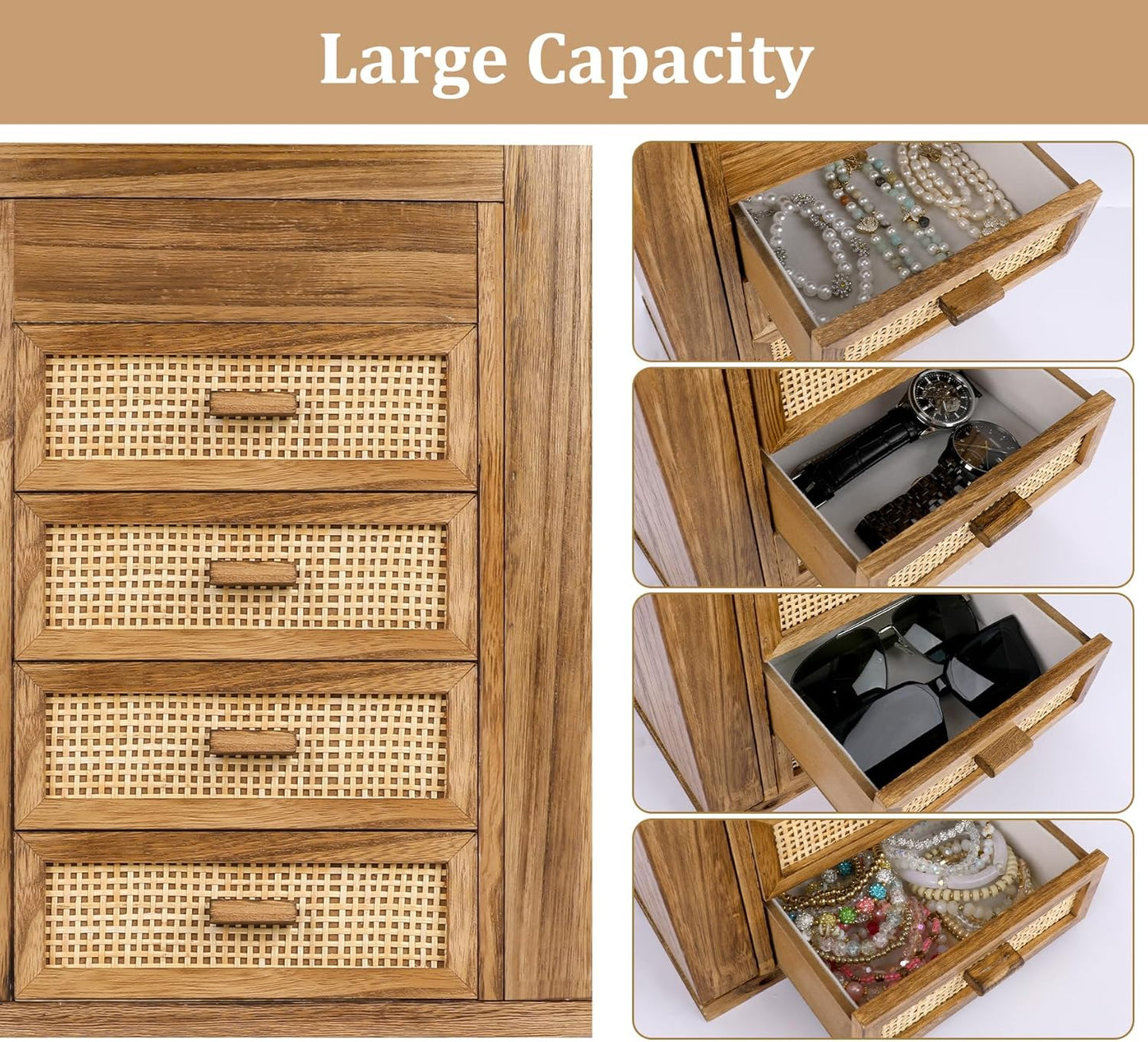 Jewelry Organizer, Rattan Jewelry Box, 5 Layer Wooden Jewelry Organizer Box with Mirror, Jewelry Boxes with 4 Drawers for Women Men, Jewelry Storage for Rings Earrings Necklaces Bracelets Watch
