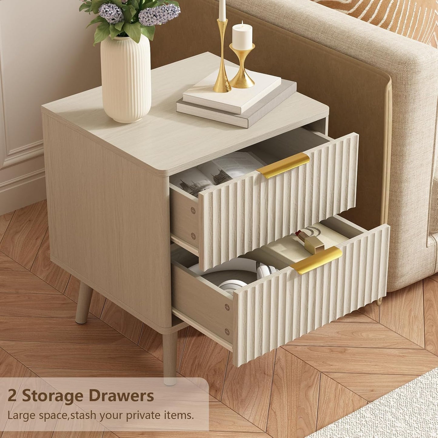 CARPETNAL Fluted Nightstand Set of 2, Beige Bedside Table with 2 Drawers and Gold Handles, Wood End Table Mid Century Night Stands for Bedroom Living Room