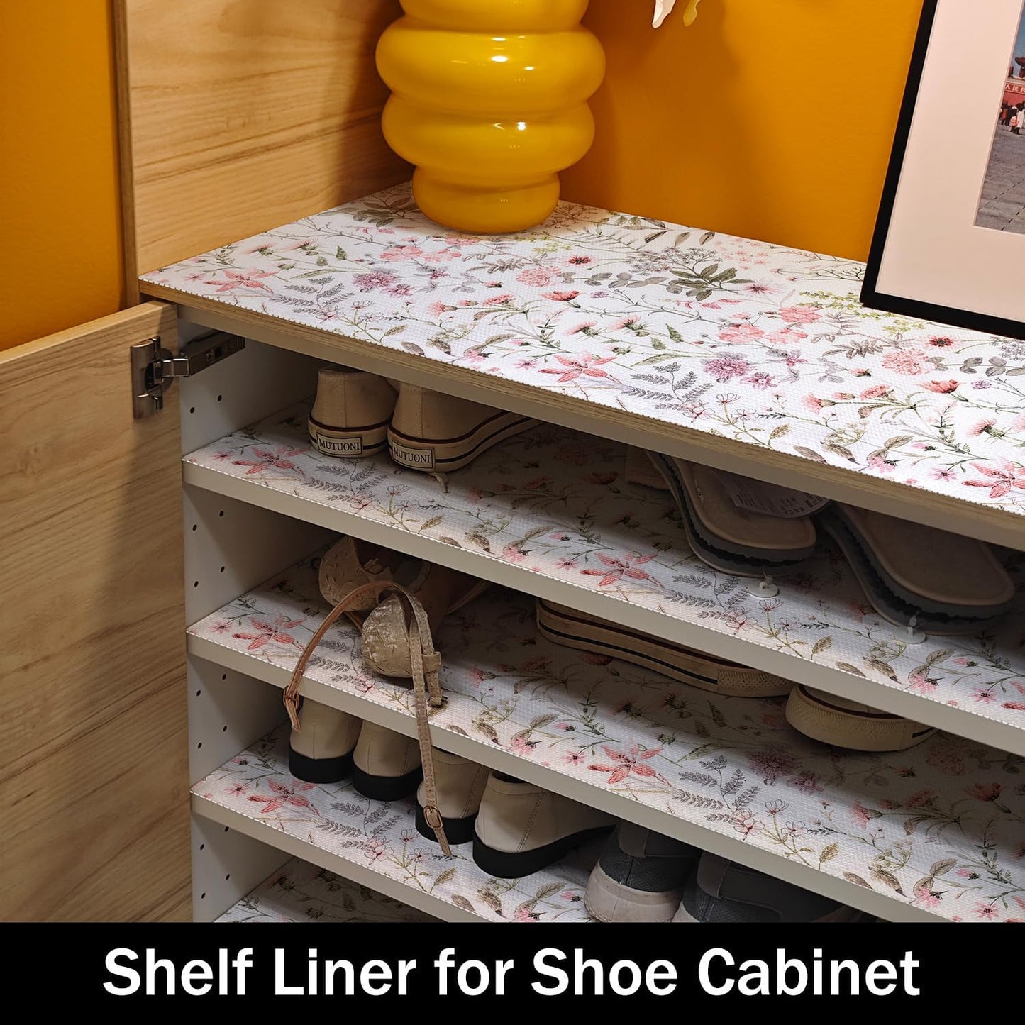 Leaf Floral Shelf Liners Non Adhesive and Strong Non-Slip Shelf and Drawer Liners for Kitchen Cabinet Wire Fridge, Waterproof Shelf Drawer Liner,Easy to Clean,12IN x 10FT