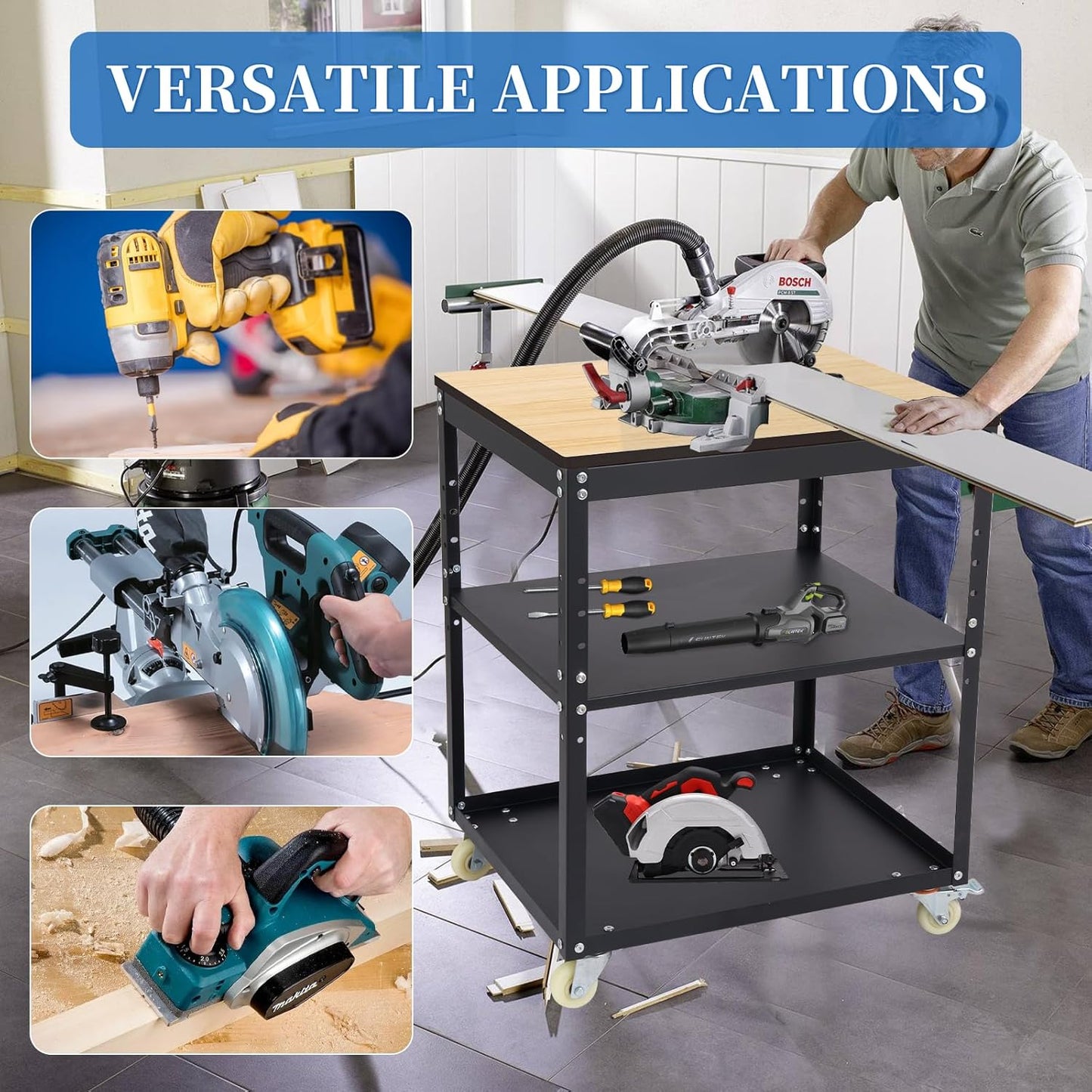 Adjustable Planer Stand with Wheels, Heavy Duty Planer Table for Miter Saw, Table Saw, and Power Tools, 500 lbs Capacity 3-Tier Steel Tool Stand with Storage Shelves for Workshop & Garage