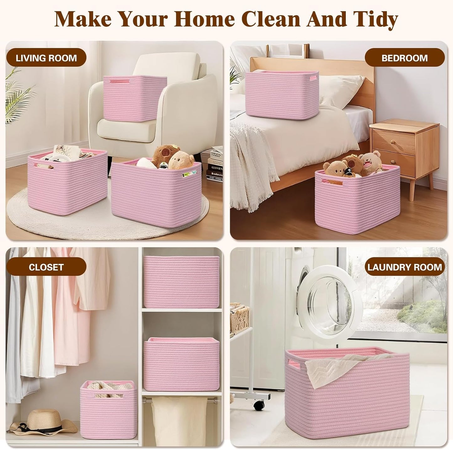 Storage Baskets for Organizing, 4 Pack Storage Baskets for Shelves, Woven Basket for Shelves, Closet Organization, Rectangle Organizer Basket Gifts Empty, 13"Lx8.7"Wx7.9"H Decorative Bins with Handles
