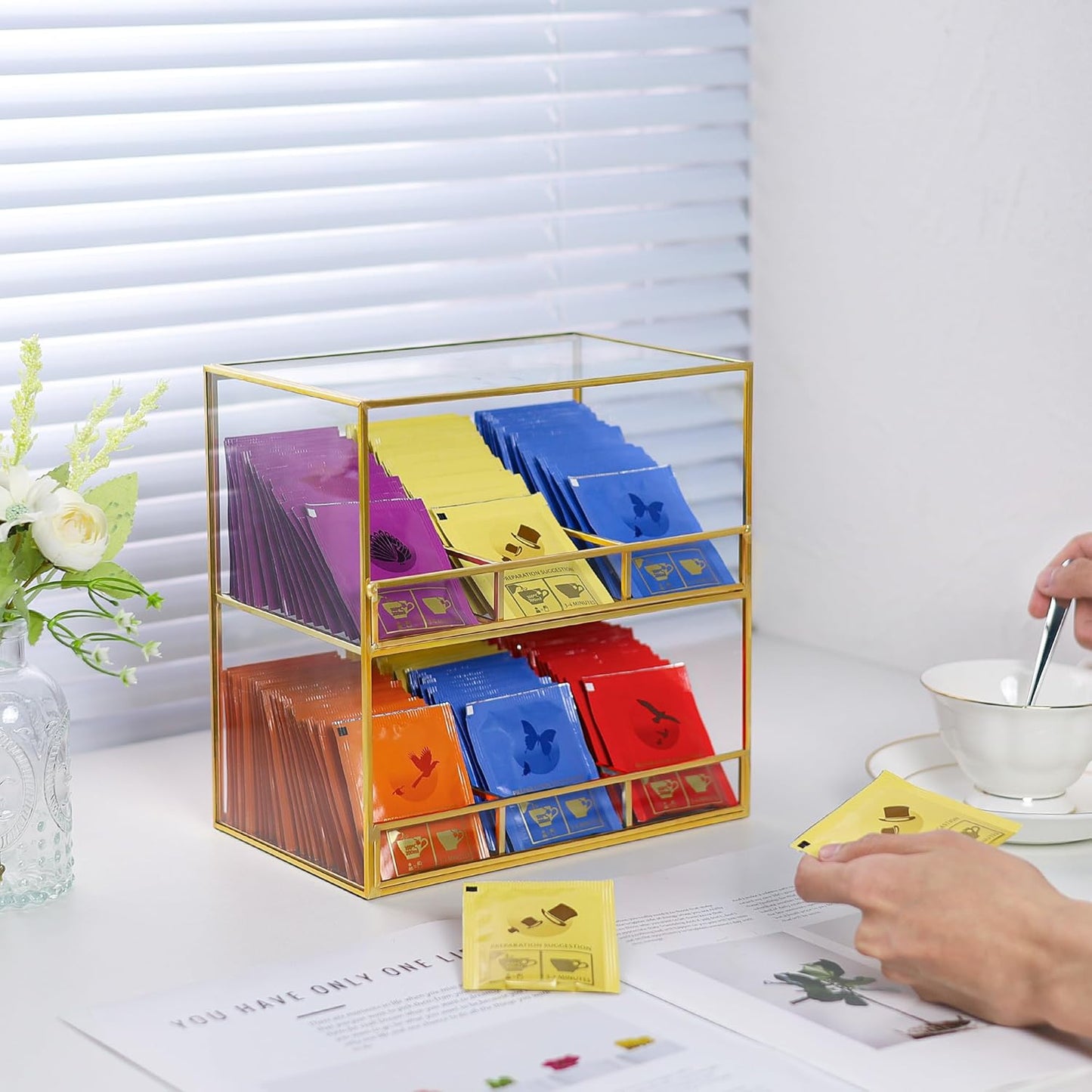 Glass Tea Bag Organizer for Counter, 2-Tier Teabag Organizer Storage Holder for Tea Bags, Glass Caddy Box Containers, Rack Teabag Station Stand for Cabinet Kitchen, 2-Tier, Gold