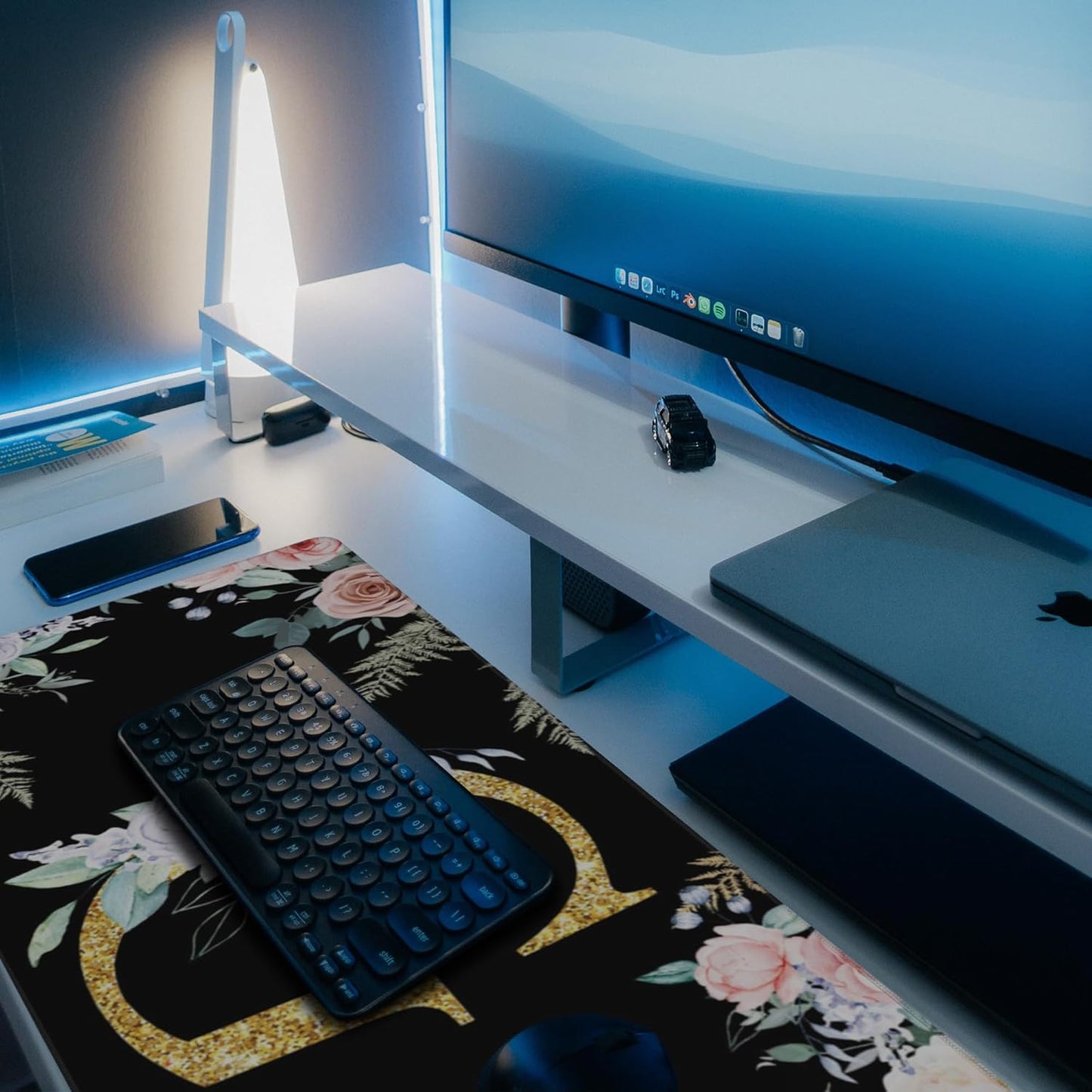 Desk Mat, Flower Golden Letters G Extended Gaming Mouse Pad Large, 35.4"x15.7" Big Mouse Pad with Non-Slip Base and Stitched Edge, Long Computer Keyboard Mouse Mat for Home Office Work