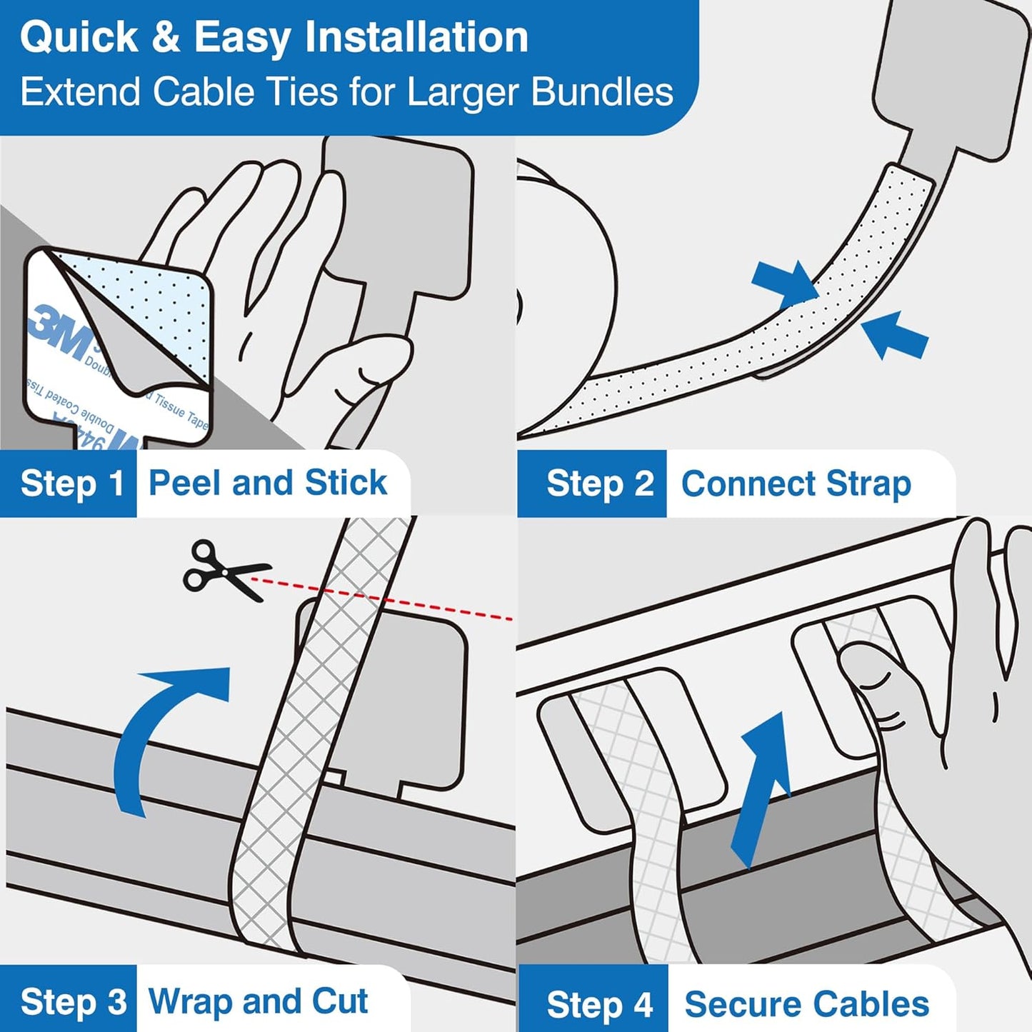 Cable Management Kit – 40 Self-Adhesive Hook and Loop Ties with 2 Extension Straps – Made with 3M Tape, Back-Sticky Cord Organizer for Under Desk, Wall, Home, Office – Adjustable Wire Holders (Black)