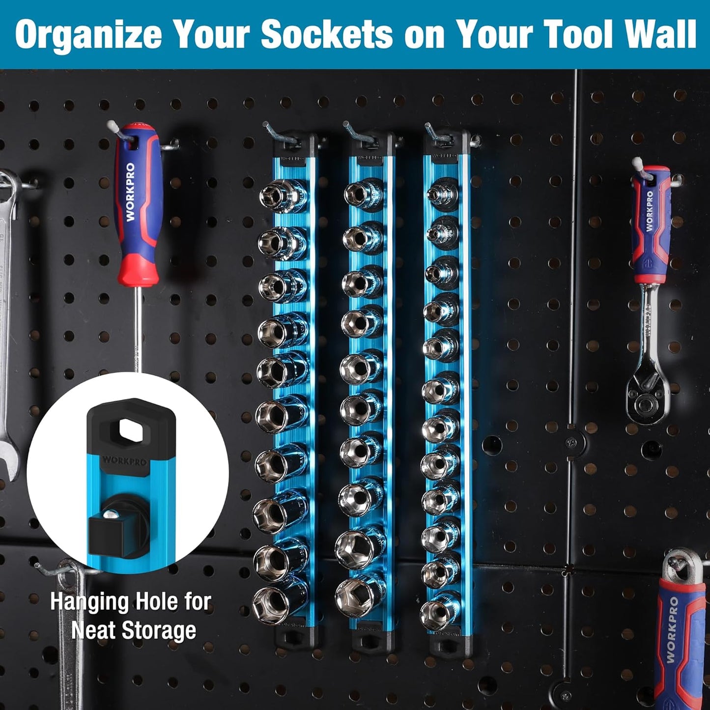 WORKPRO Magnetic Socket Organizer, 1/4-Inch Drive Aluminum Alloy Socket Rail, Heavy Duty Socket Holder, Socket Rack Kit 1/4-Inch x 12 Clips Sky Blue (Socket not Included)