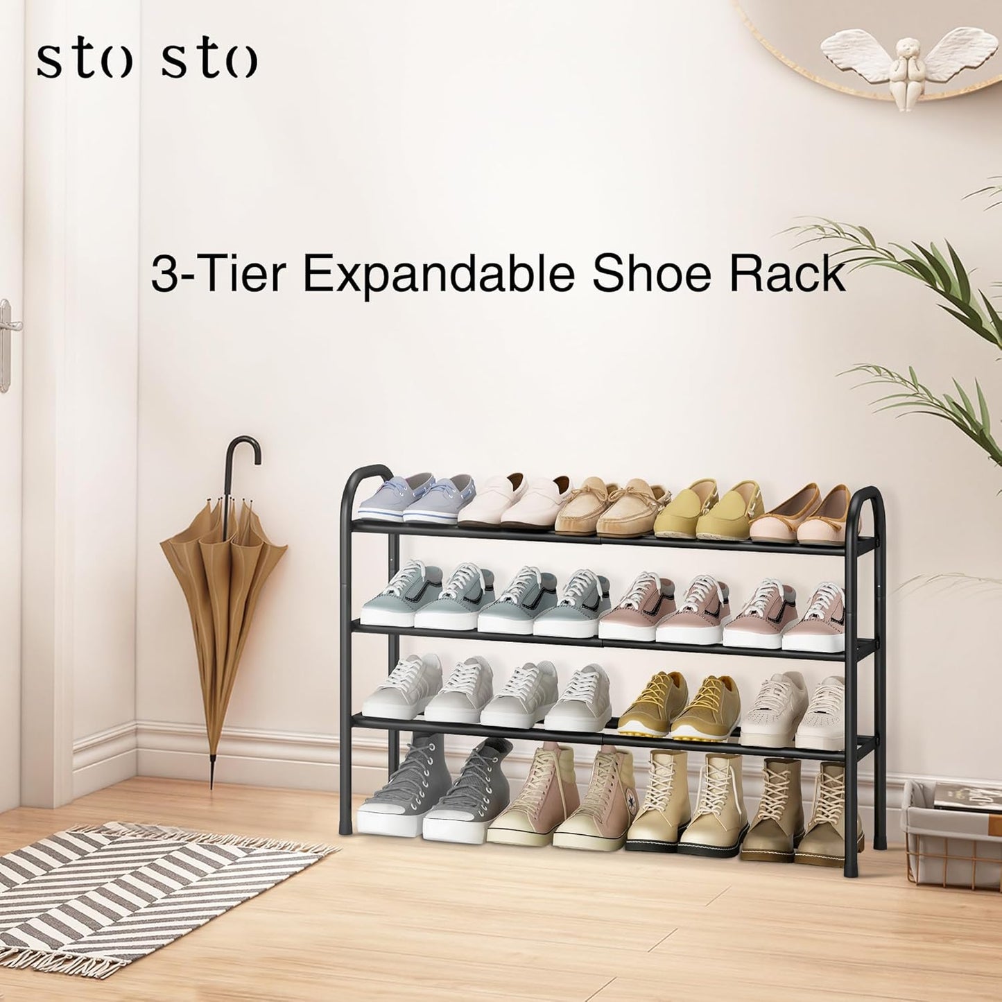 STO STO Expandable Shoe Rack, 3-Tier Metal Small Shoe Rack for Closet, Up to 16 Pairs Adjustable Shoe Racks Storage for Front Door Entrance, Free Standing Shoe Rack Organizer for Entryway, Black