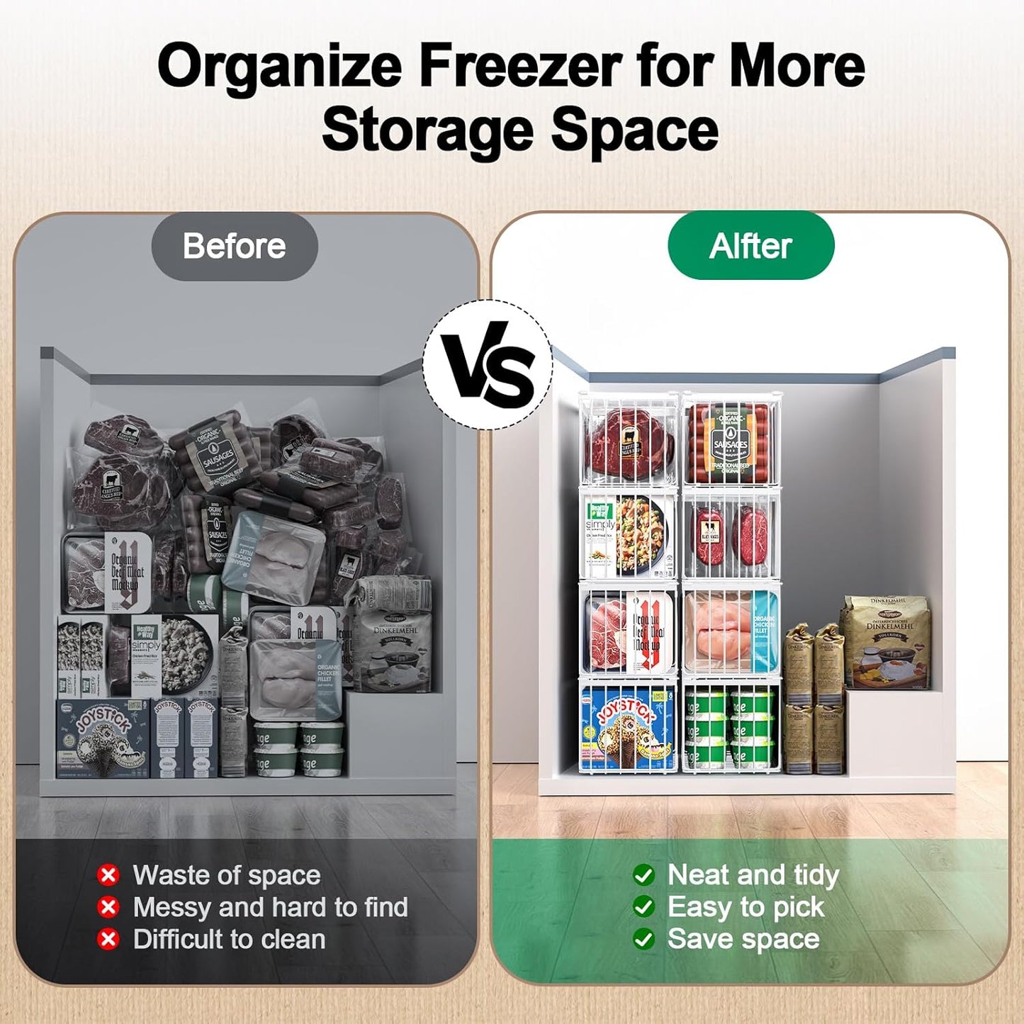 Freezer Organizer Bins, 2 Pack Stackable Deep Chest Freezer Organizer Bins, Foldable Baskets with Handles, White Storage Container Baskets for 5/ 7 Cu.FT Sort Frezen Meats