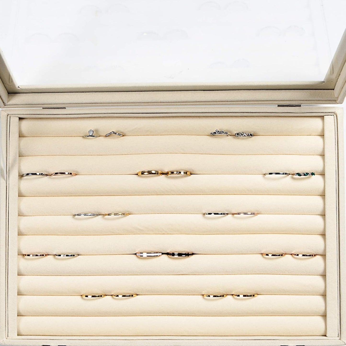 Frebeauty Rings/Earrings Organizer Tray with Clear Lid 10 Slots Velvet Drawer Insert Jewelry Storage box with Glass lid Jewelry Display Case Showcase Gift for Girls Women (Beige, 10 Slots)