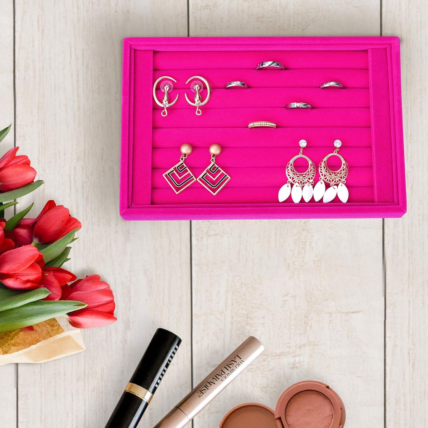 Valyria Velvet 7 Slots Ring Earrings Trays Showcase Display Jewelry Organizer (Fuchsia)