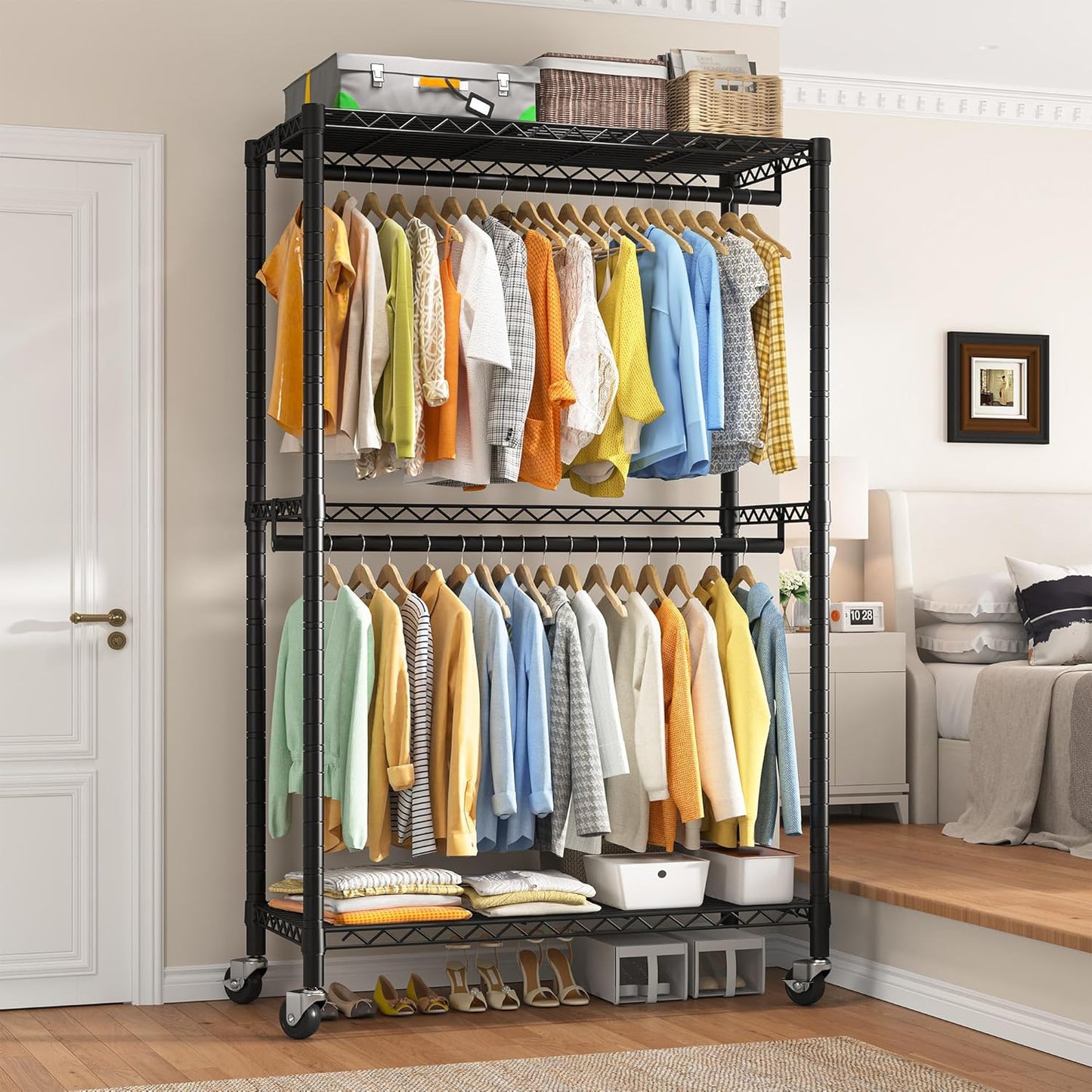Raybee Clothing Rack with Wheels,Clothes Rack for Hanging Clothes,Portable Closet,2 Shelves,Black