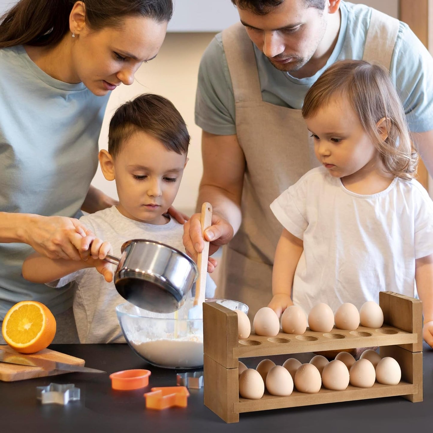 Double Layer Egg Tray Holder Countertop - Wooden Fresh Egg Rack Stackable Storage Basket, 2 Tier Egg Organizer for Farmhouse Kitchen Refrigerator