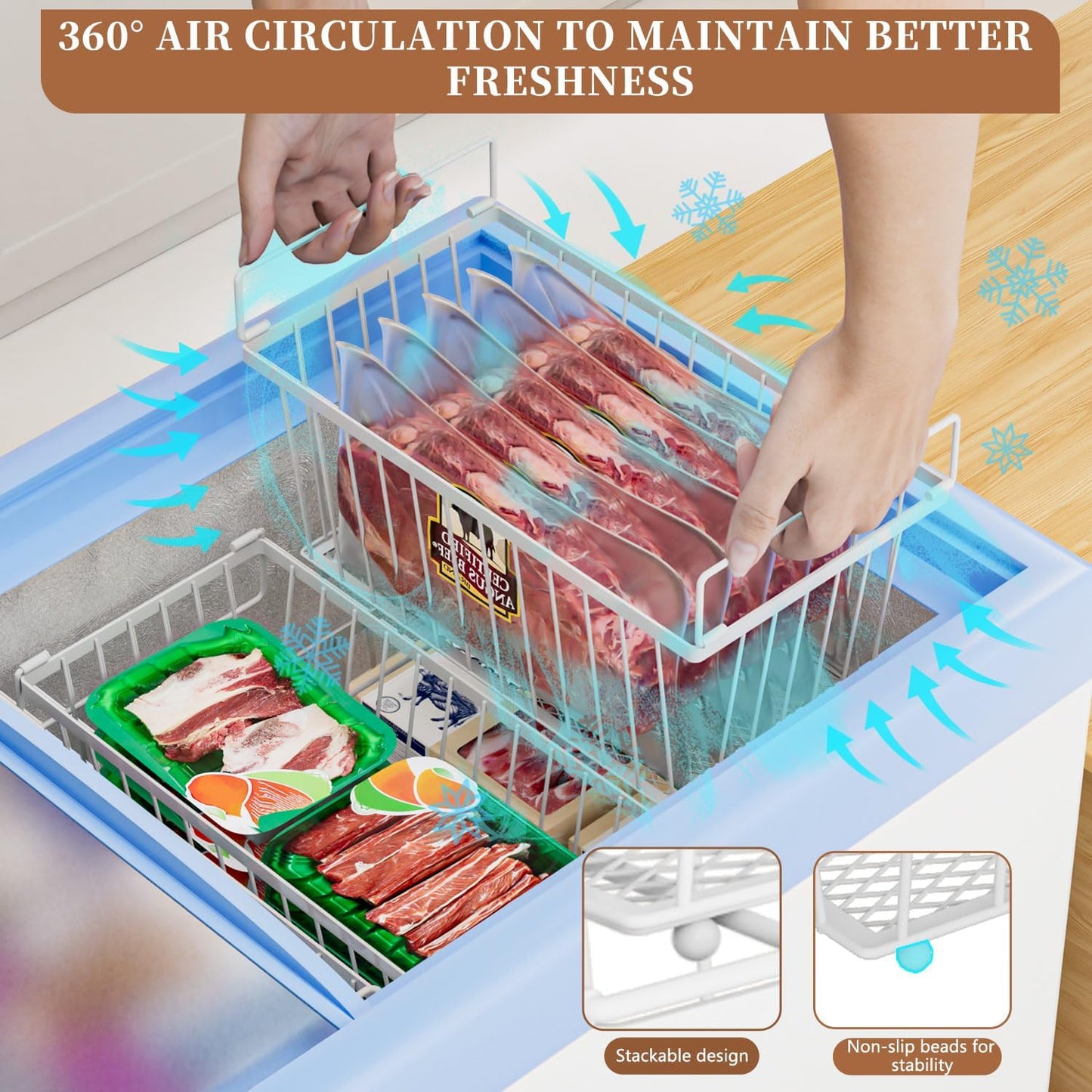 Enhanced Leak-Proof Bottom - Freezer Organizer Bins ,4 Pack Stackable Deep Freezer Organizer Bins for 7 Cu.FT Small Chest Freezer,Easy Get Bottom Foods without Digging(white)
