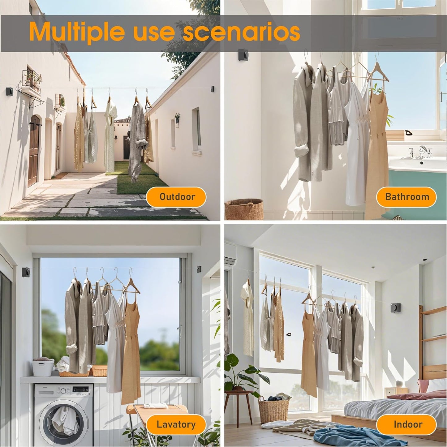 Retractable Heavy Duty Clothesline - Wall Mounted Indoor and Outdoor Laundry Drying Solution, 15.7ft Anti-Sagging Stainless Steel Rope (Grey)