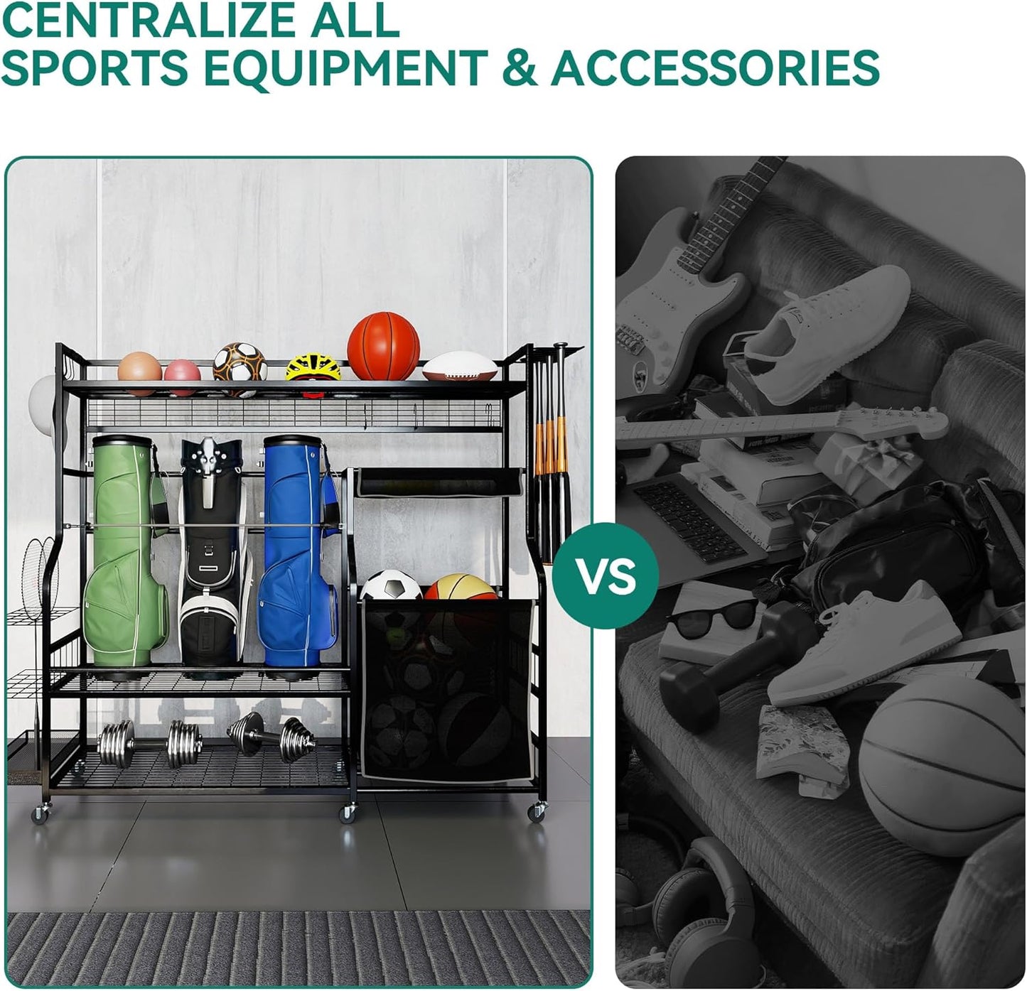 YITAHOME Multi-Functional Sports Organizer for Garage, Golf Gear Storage Rack for 3 Bags and Clubs, Ball Storage Bins with Wheels, Multi-Layer Sports Equipment Rack with Hooks
