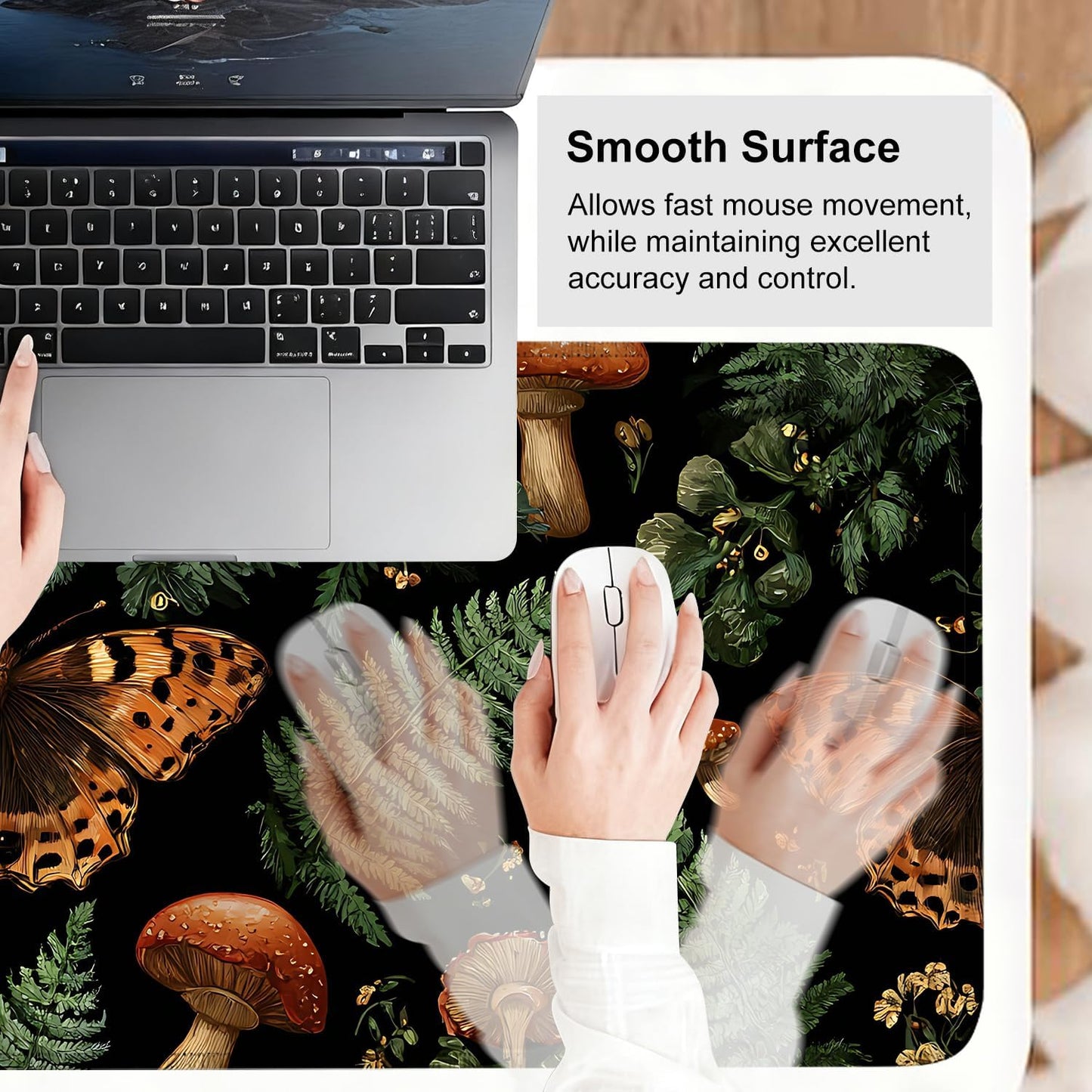 Vintage Butterfly Mushroom Mouse Pad – Large Extended Desk Mat 31.5 x 11.8 in– Dark Forest Aesthetic with Ferns & Fungi, Waterproof Surface, Non-Slip Rubber Base, Keyboard & Mouse Pad