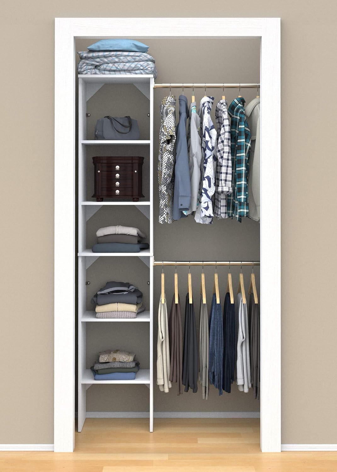 ClosetMaid SuiteSymphony Wood Closet Organizer Starter Kit with Tower and 3 Hang Rods, Shelves, Adjustable, Fits Spaces 4 – 9 ft. Wide, Pure White