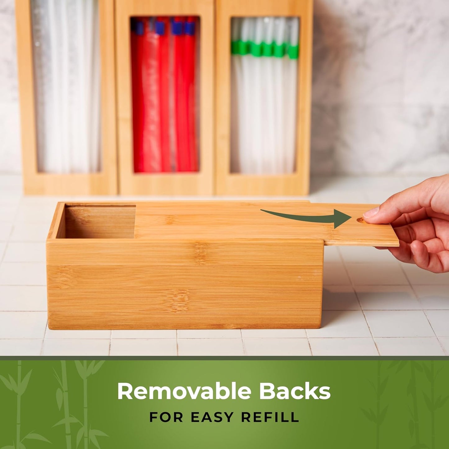 Storage Bag Organizer, Bamboo Baggie Organizer for Drawer, 4 Modular Blocks for Kitchen Organization, Plastic Bag Storage Organizer, Quick Refill - Fits Gallon, Quart, Sandwich, Snack Size Bags