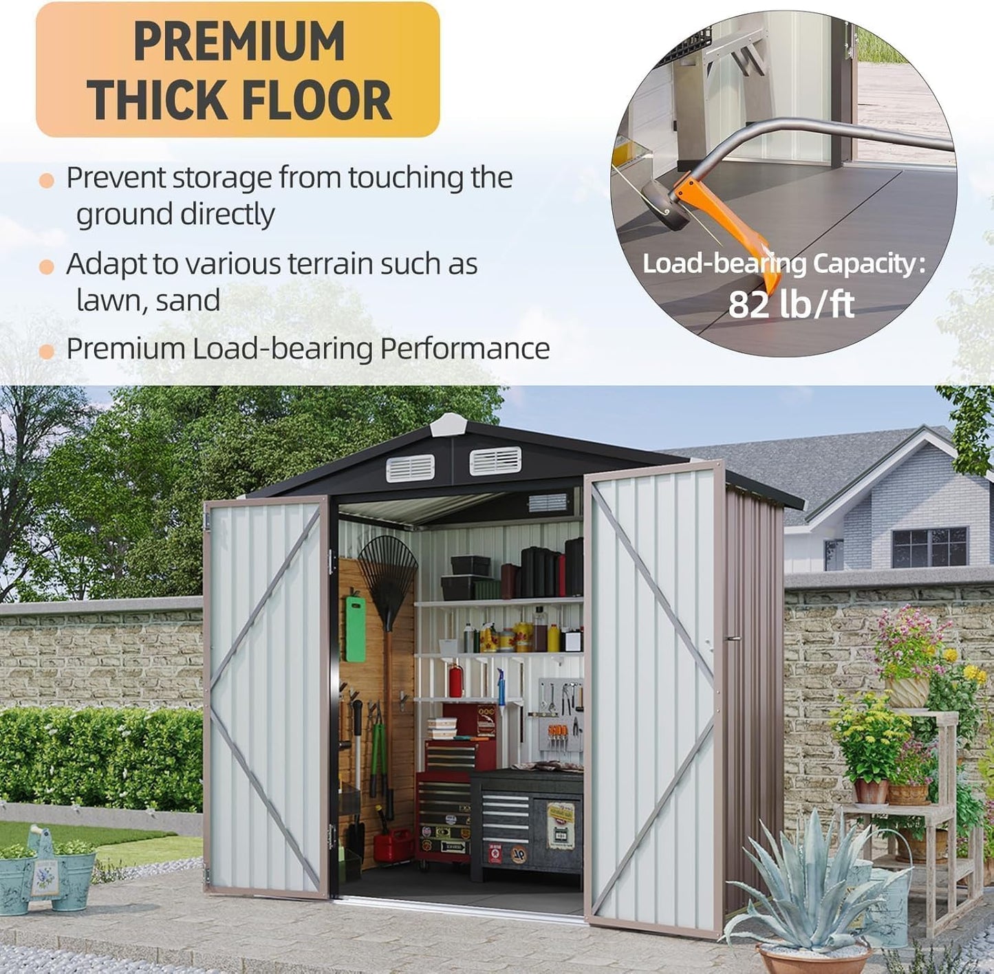 Aoxun 6x4ft Shed with Floor Heavy-Duty Galvanized Steel Outdoor Storage Shed with Double Doors, Ventilated Weatherproof Design for Bike/Generator/Tool Organization (Brown)