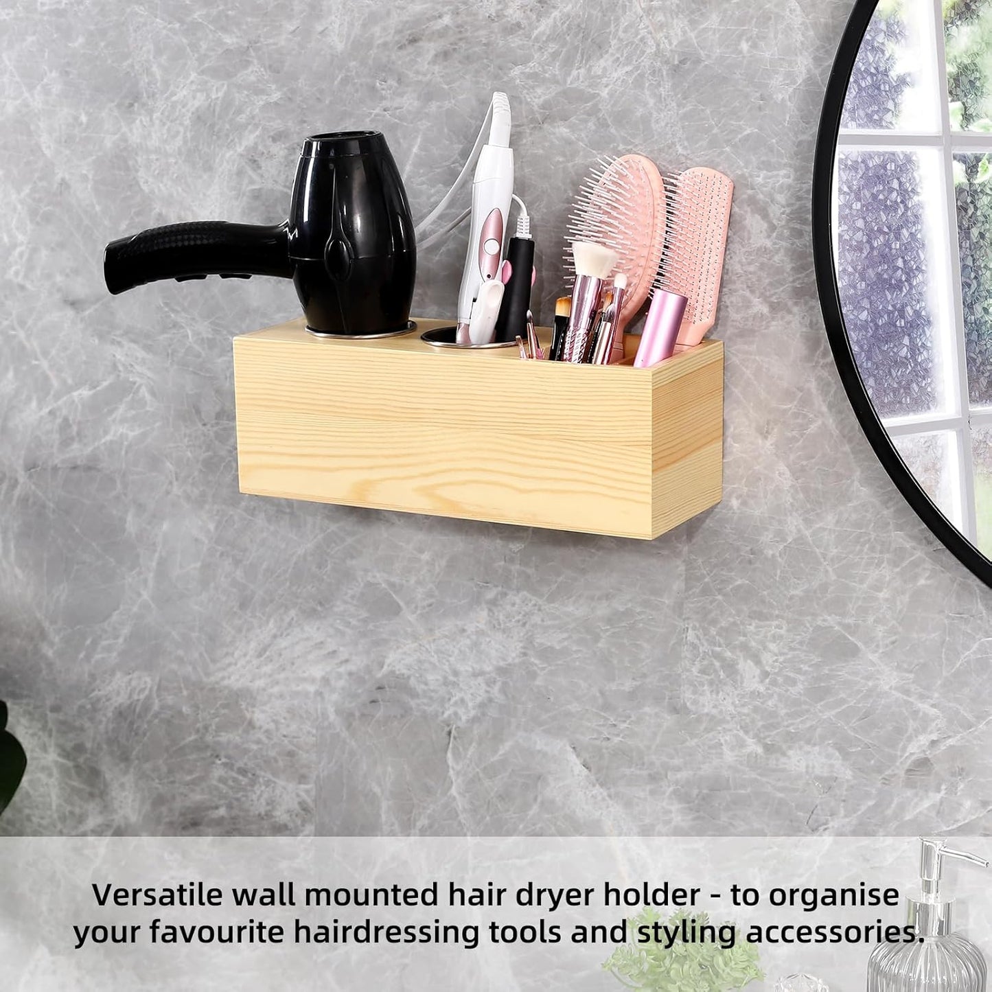 Hair Dryer Countertop Holder, Hair Tool Organizer Wall Mount, Blow Dryer Holder Cabinet Door Organizer, Bathroom Countertop Blow Dryer Holder and Curling Iron Holder (Cedar Wood, Log color)