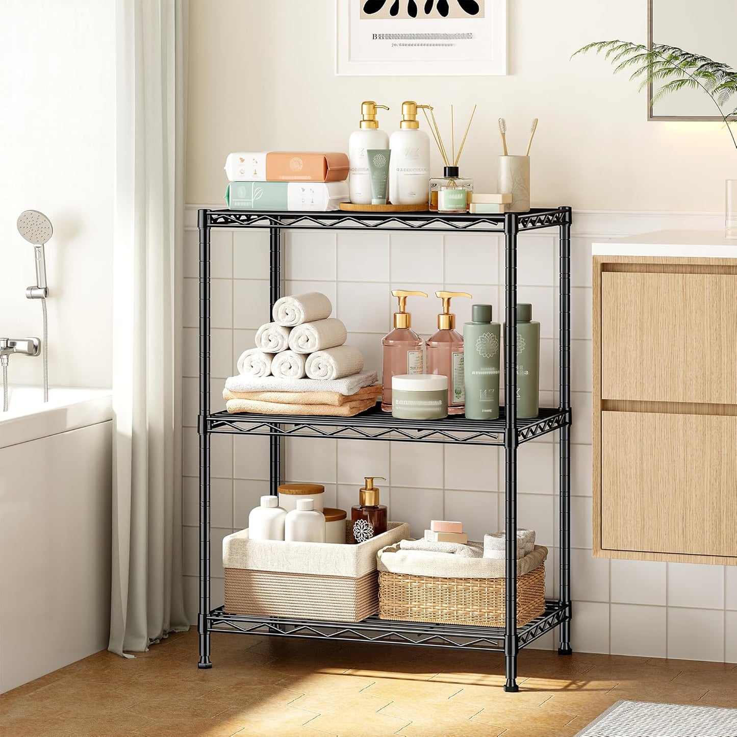 35.4''H Shelf 3 Tier Storage Shelves Metal Shelving,Adjustable Small Wire Shelving Unit,Utility Steel Shelving Organizer Storage Rack for Kitchen Bedroom Laundry Pantry Office,17.7''Wx11.8''D,Black