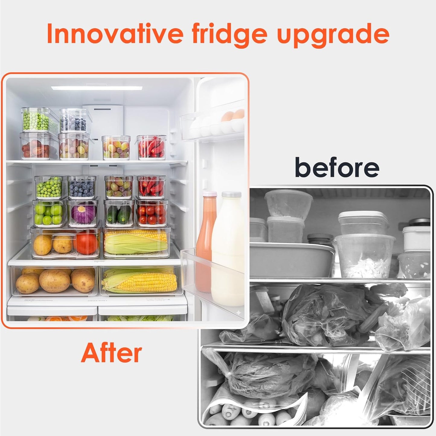Fridge Organizers and Storage, 10 Pack Clear Freezer Organizer Bins with Lids for Kitchen, Pantry, Refrigerator, Food, Fruit, Vegetable Storage