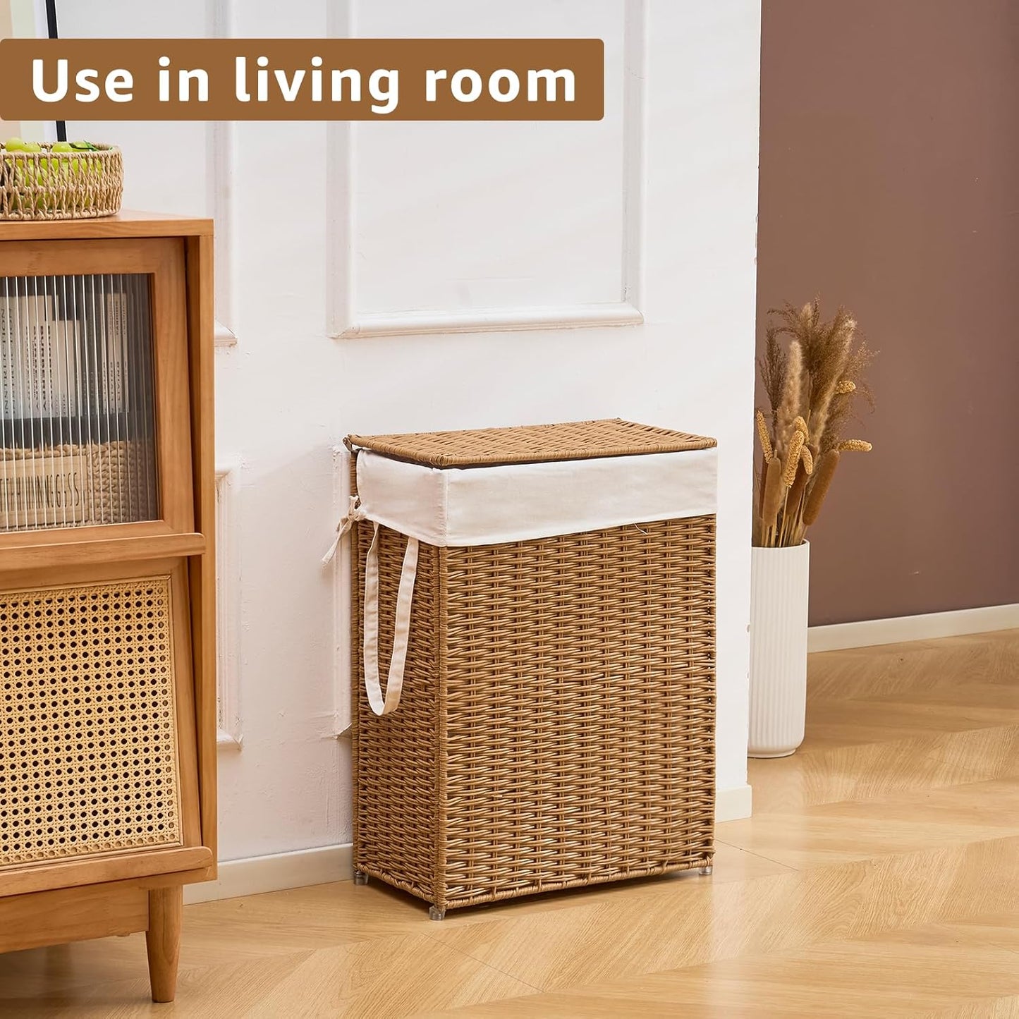 Slim Wicker Laundry Hamper with Lid, 55L Handwoven Rattan Basket with Handles, Narrow Laundry Basket with Removable Liner Bag & 2 Mesh Bags