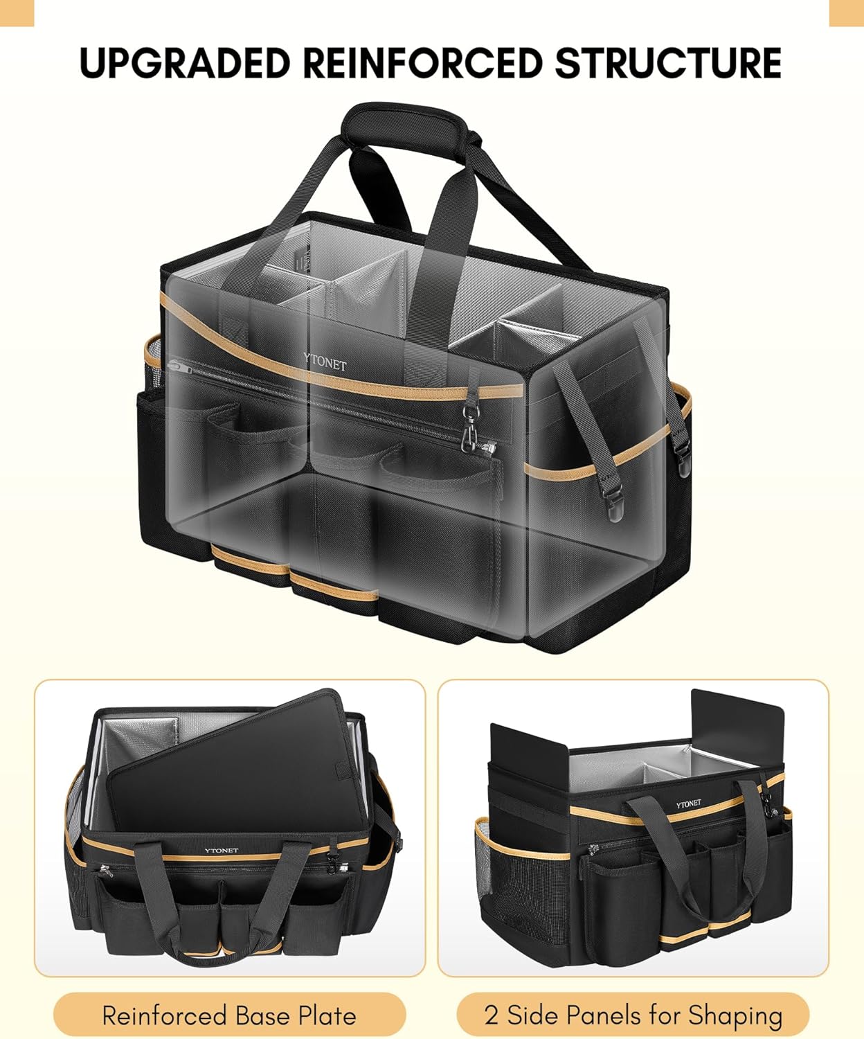 Ytonet Cleaning Caddy Bag with Detachable Apron, Extra Large Cleaning Supplies Organizer with Foldable Dividers, Portable Cleaner Tote with Handle, Cleaner Caddy for Housekeeper, Black