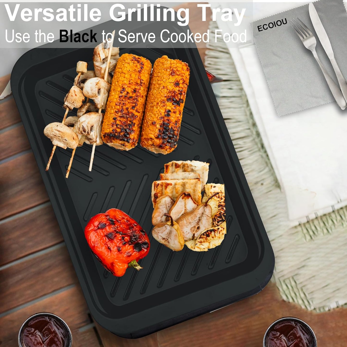 Deep Grilling and Prep Serving Tray, BBQ Trays for Raw and Cooked Food, Melamine Serving Trays for Food, Set of 2, Black and Red